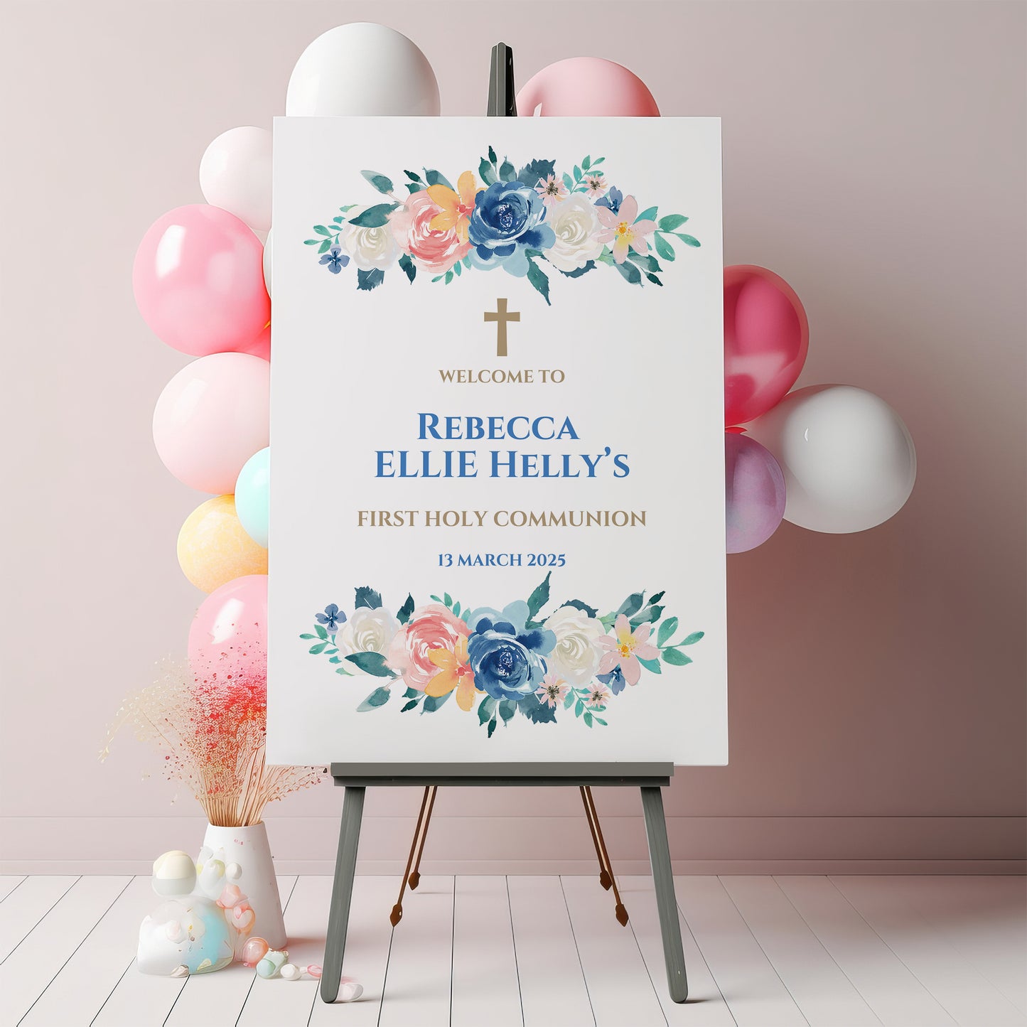 Blue Rose First Holy Communion Welcome Sign or Christening, Baptism