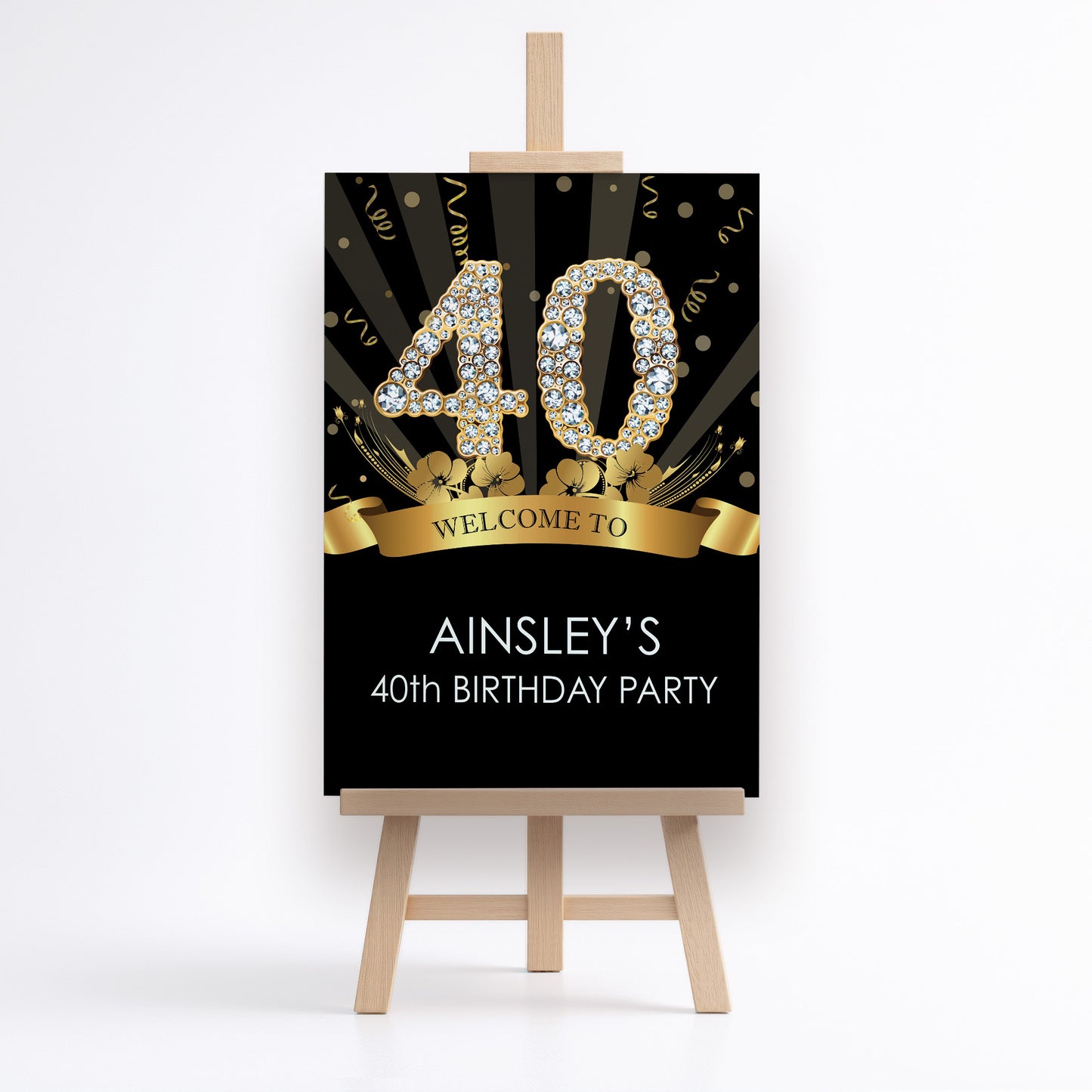 Black and Gold Birthday Party Sign, Any Age