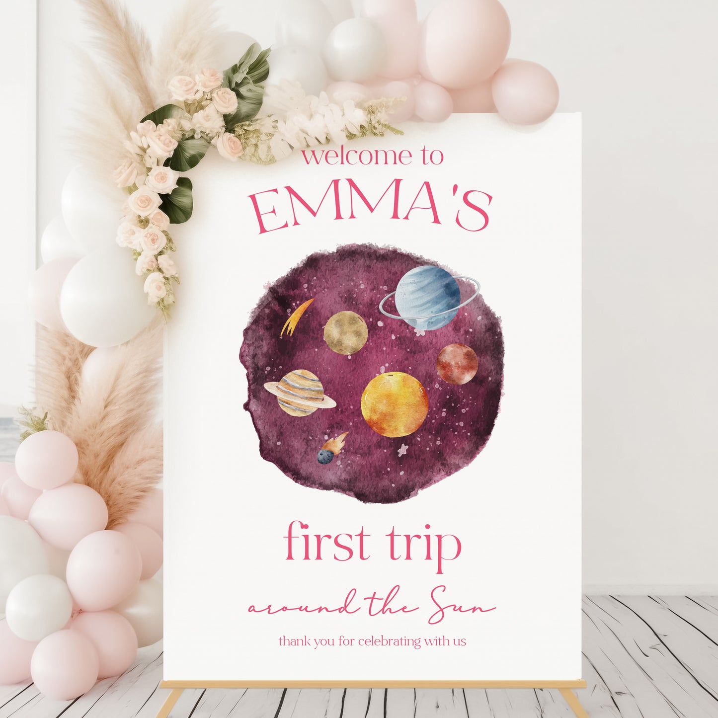 Personalised First Trip Around the Sun Birthday Welcome Sign - Pink Galaxy