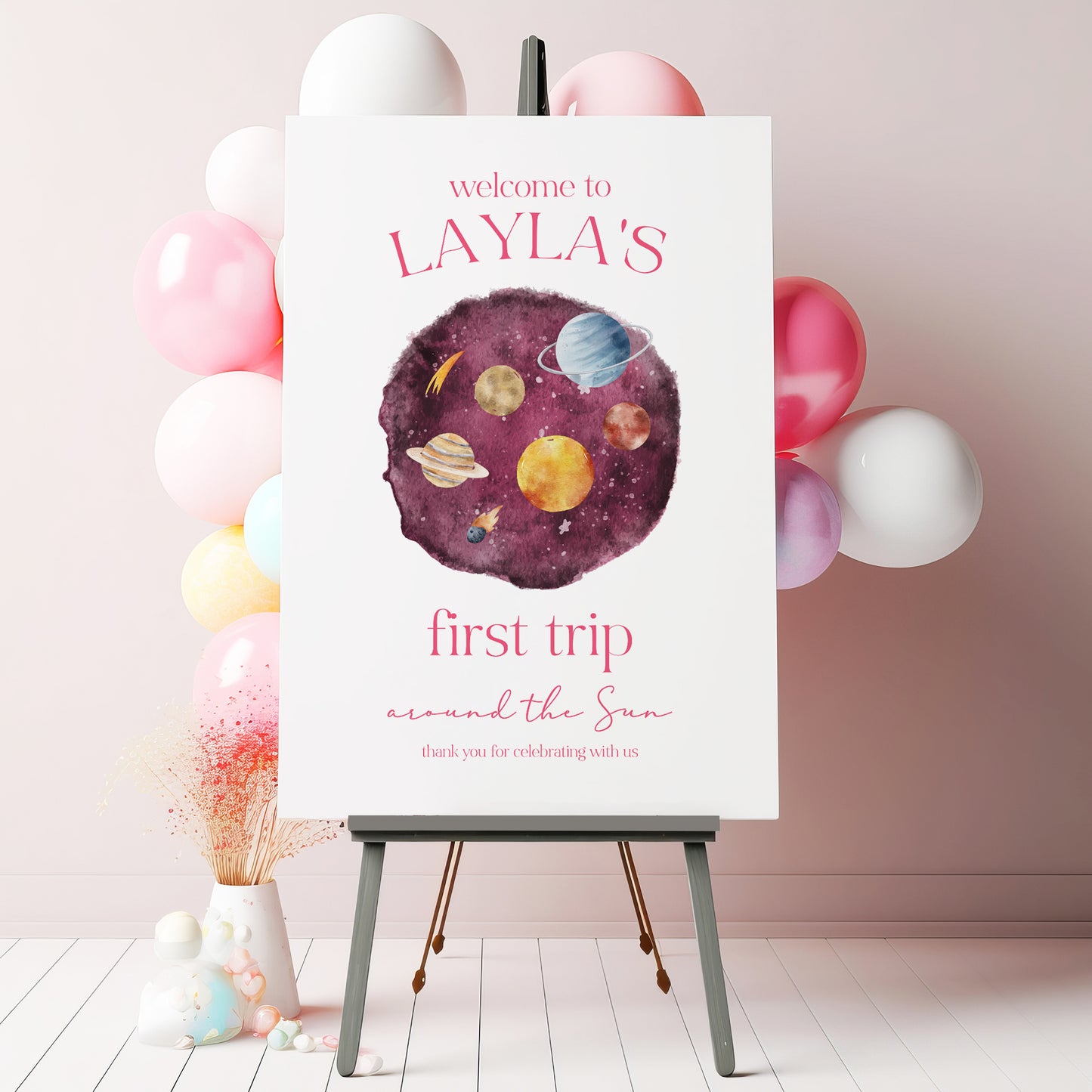 Personalised First Trip Around the Sun Birthday Welcome Sign - Pink Galaxy