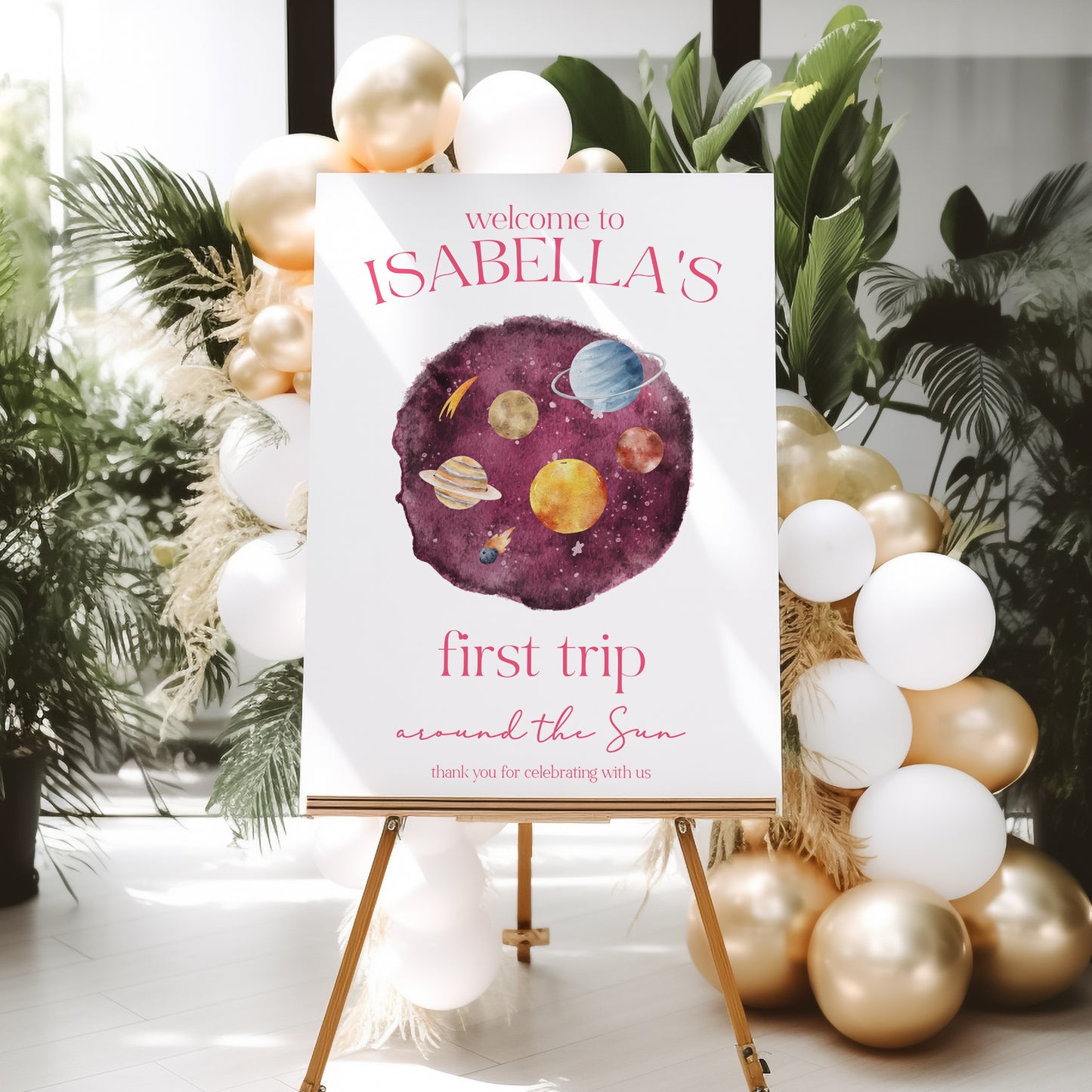 Personalised First Trip Around the Sun Birthday Welcome Sign - Pink Galaxy