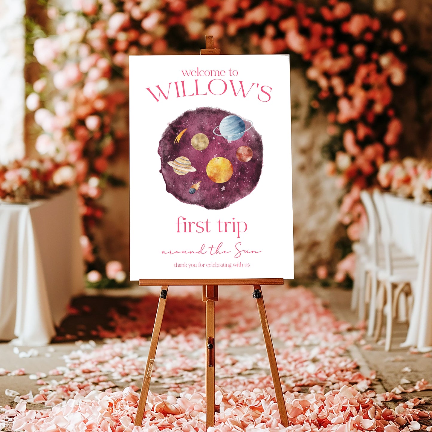 Personalised First Trip Around the Sun Birthday Welcome Sign - Pink Galaxy