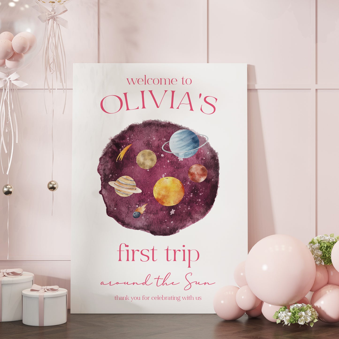 Personalised First Trip Around the Sun Birthday Welcome Sign - Pink Galaxy