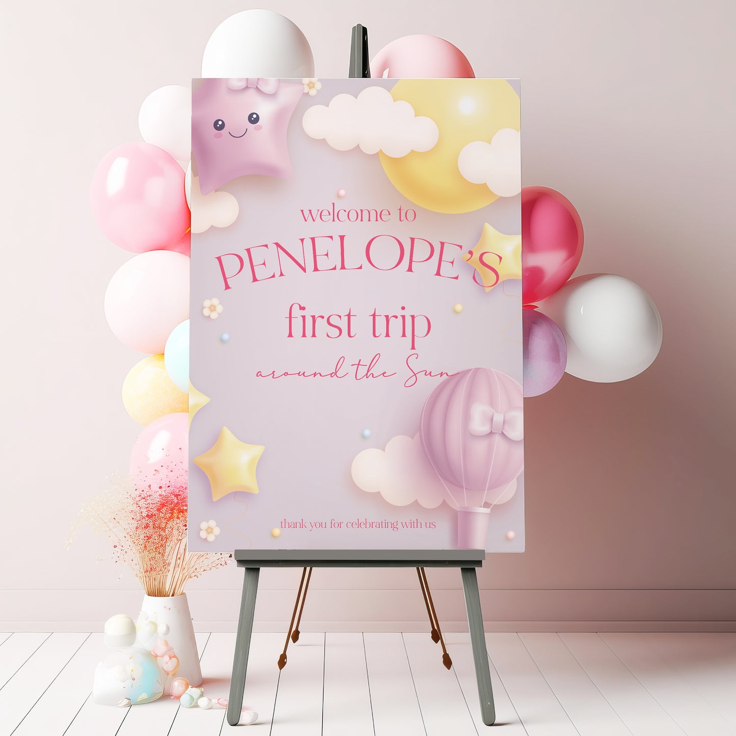 Moon and Stars First Birthday Welcome Sign - First Trip Around The Sun - Pastel Pink