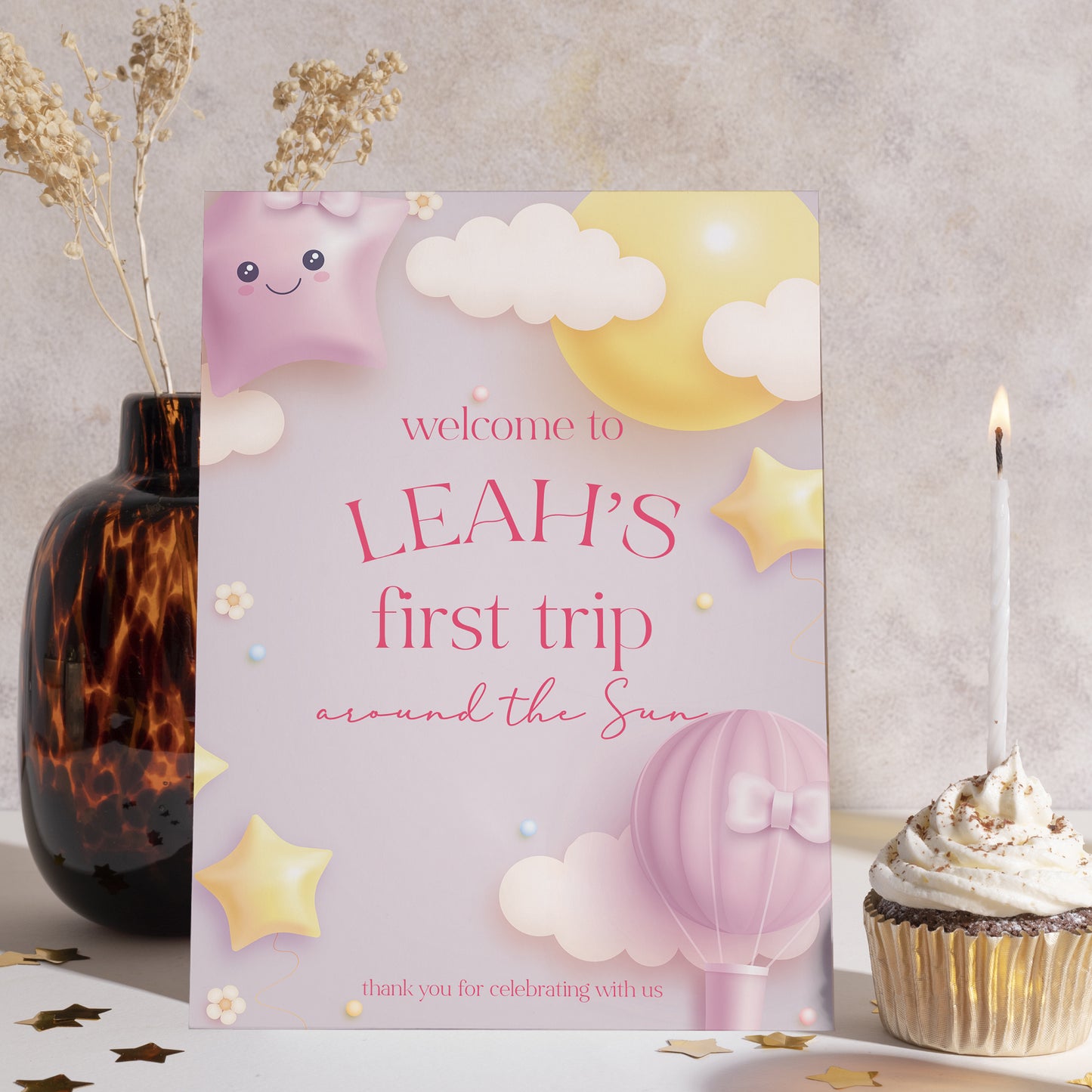 Moon and Stars First Birthday Welcome Sign - First Trip Around The Sun - Pastel Pink