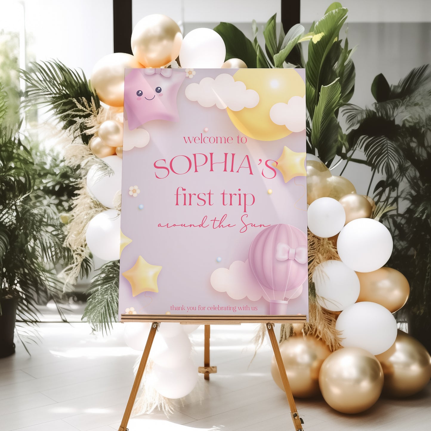 Moon and Stars First Birthday Welcome Sign - First Trip Around The Sun - Pastel Pink
