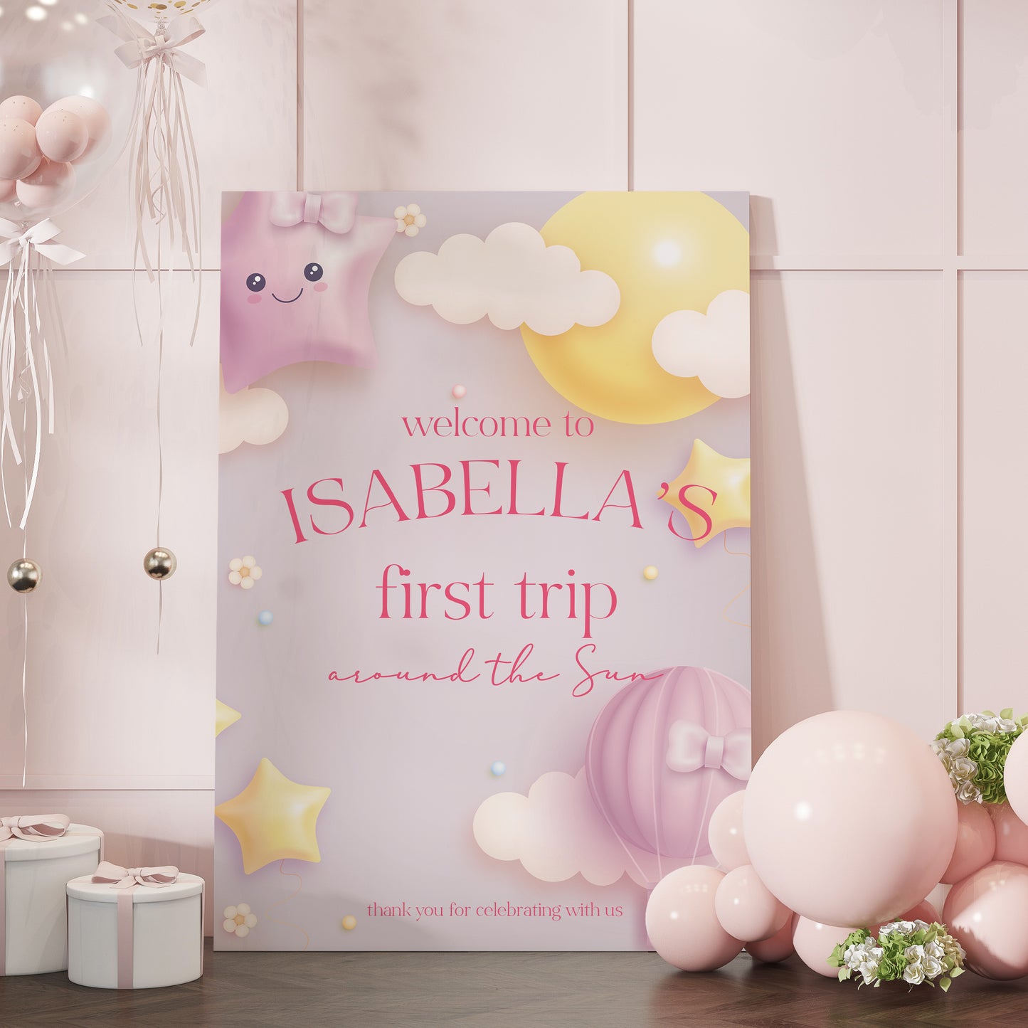 Moon and Stars First Birthday Welcome Sign - First Trip Around The Sun - Pastel Pink