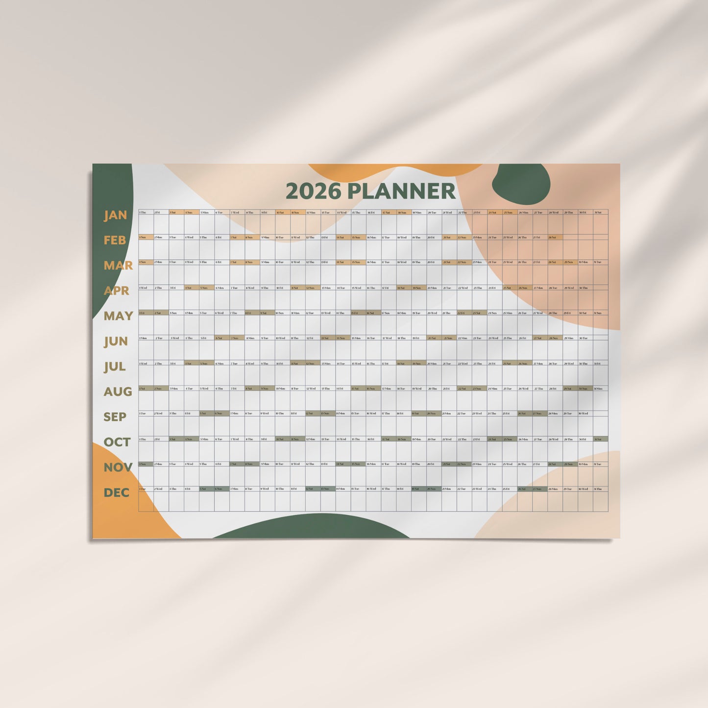2026 Green Yellow A1 Wall Calendar - Nature Inspired UK