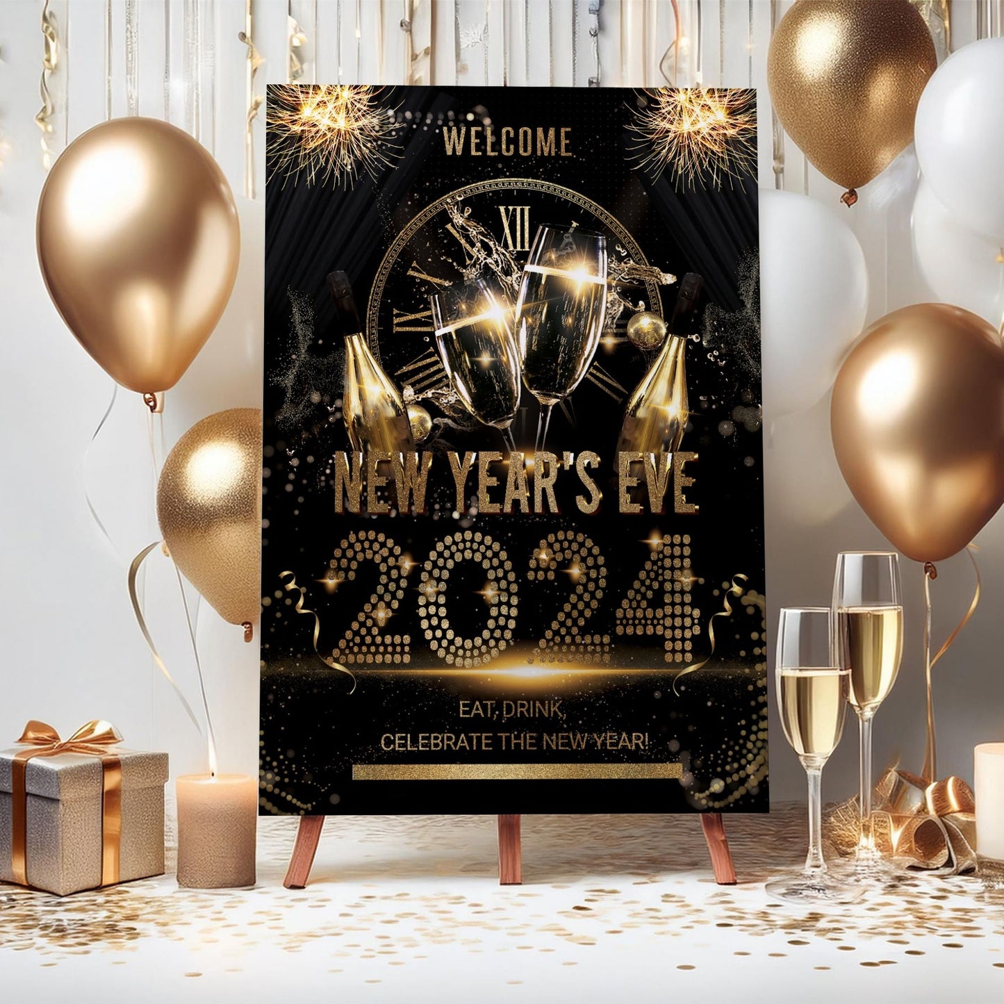 New Years Eve Party Sign, Black and Gold NYE Party