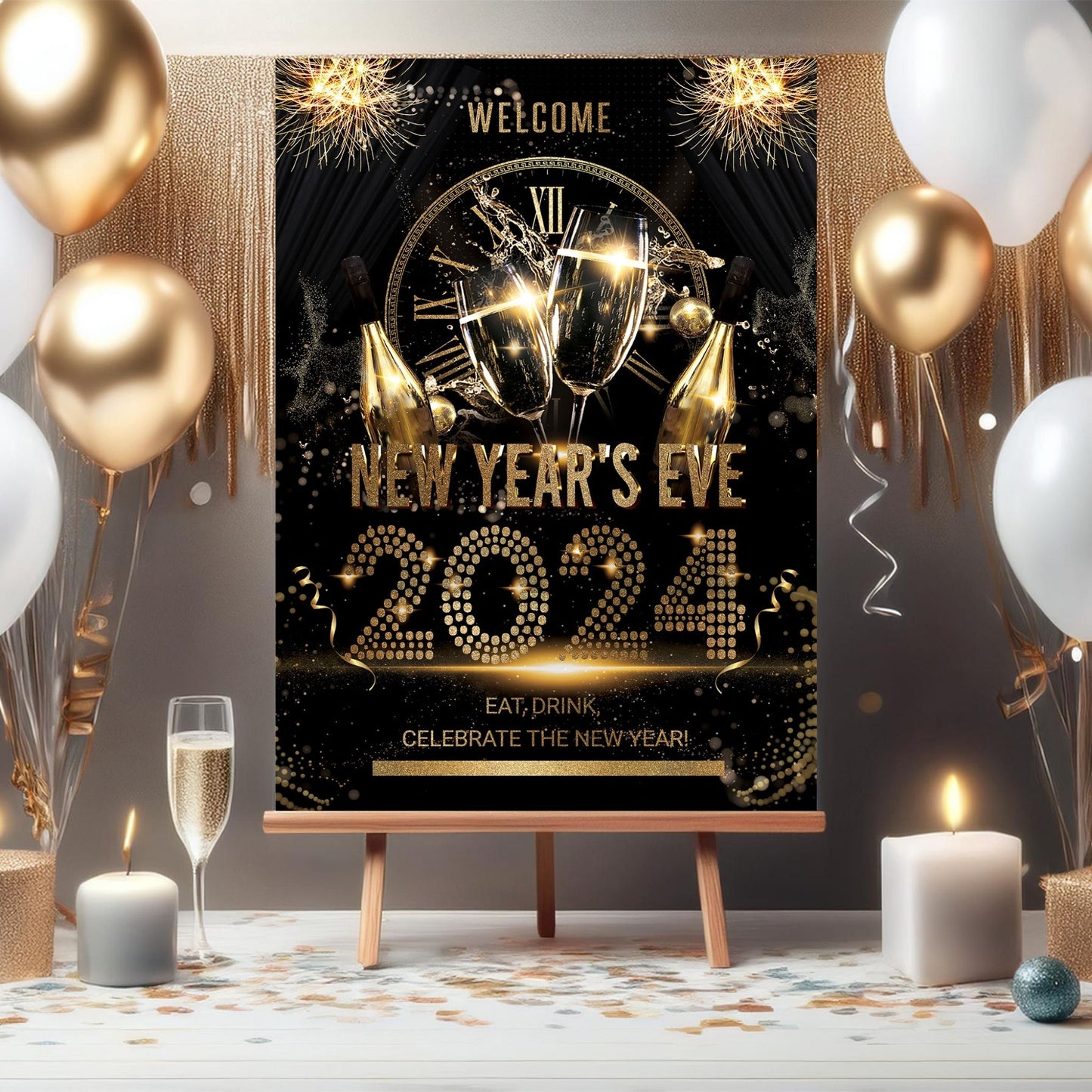 New Years Eve Party Sign, Black and Gold NYE Party