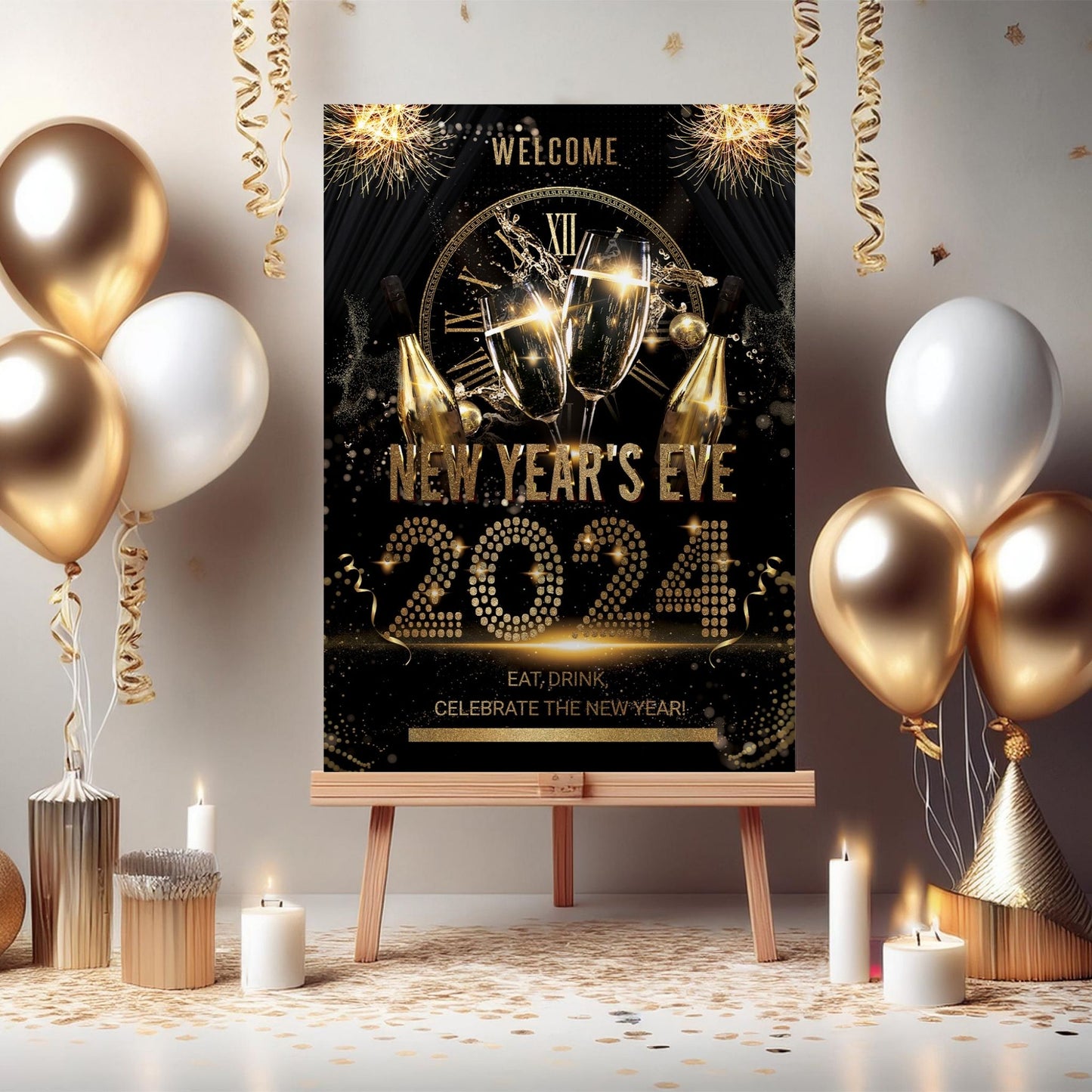 New Years Eve Party Sign, Black and Gold NYE Party