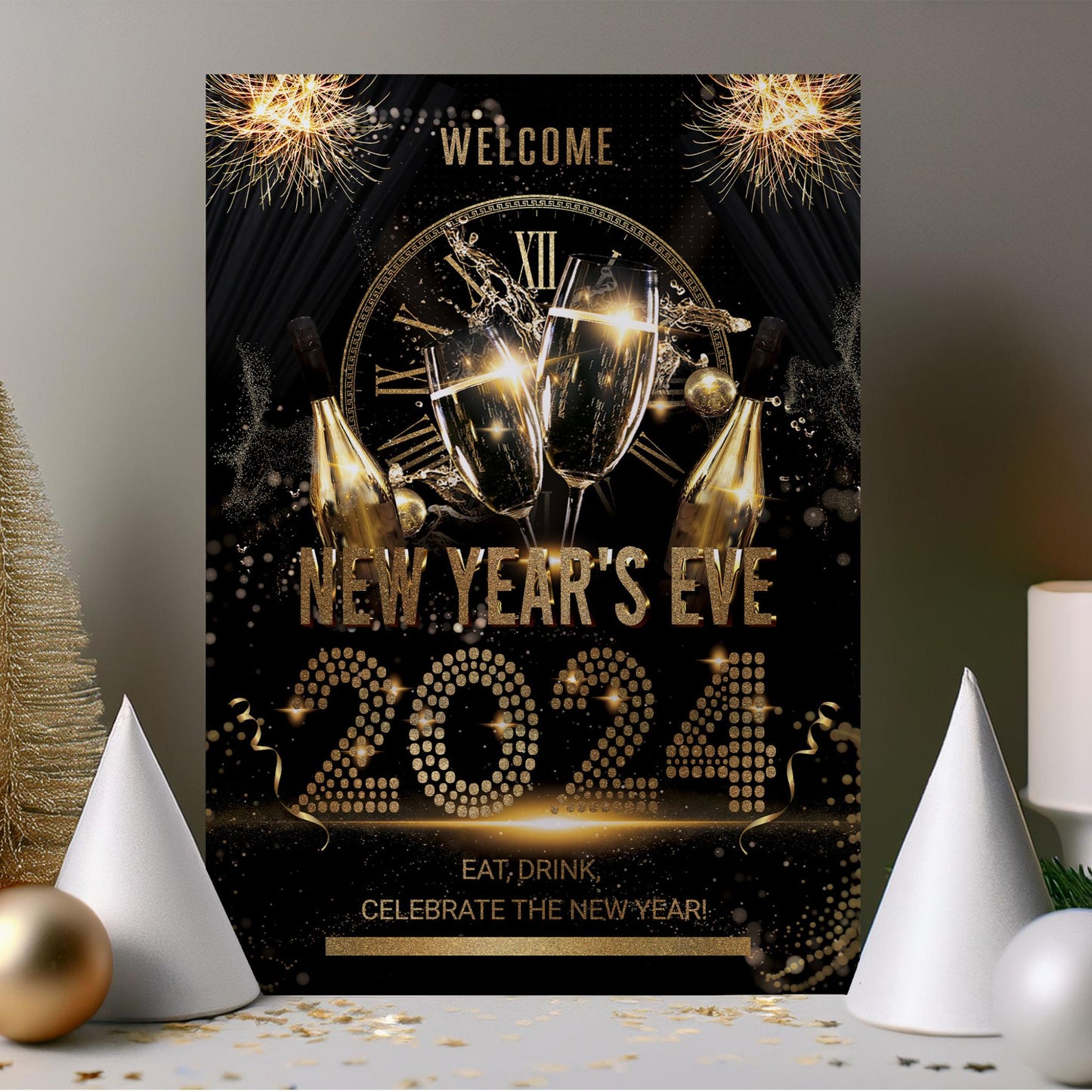 New Years Eve Party Sign, Black and Gold NYE Party