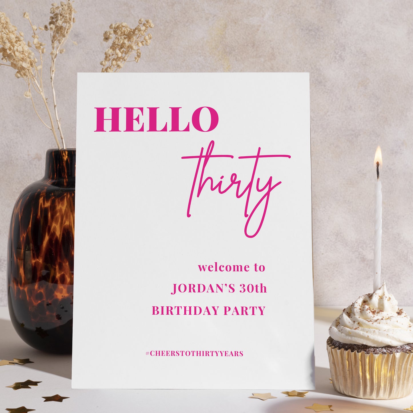 Hello 30 White and Neon Pink Welcome Party Sign