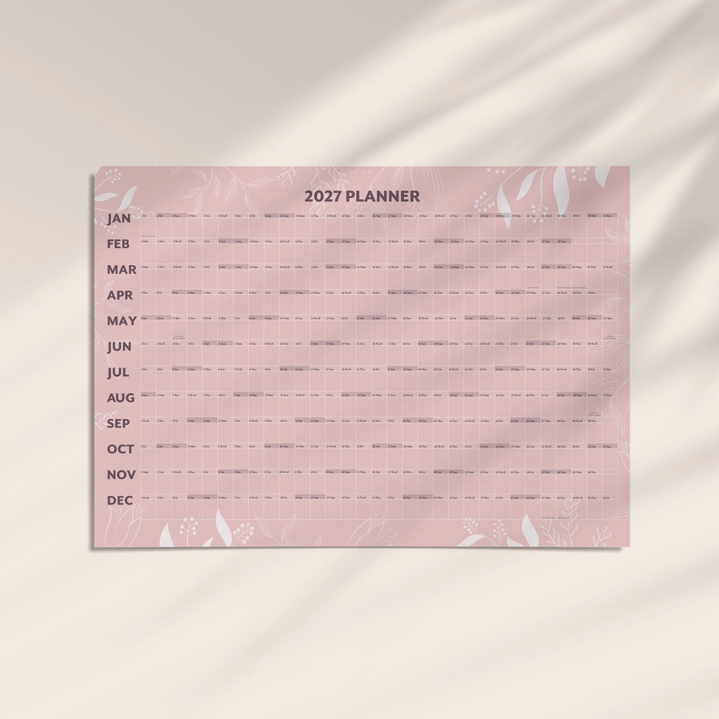 2027 Pink Wall Calendar A1 - Jan-Dec 2027