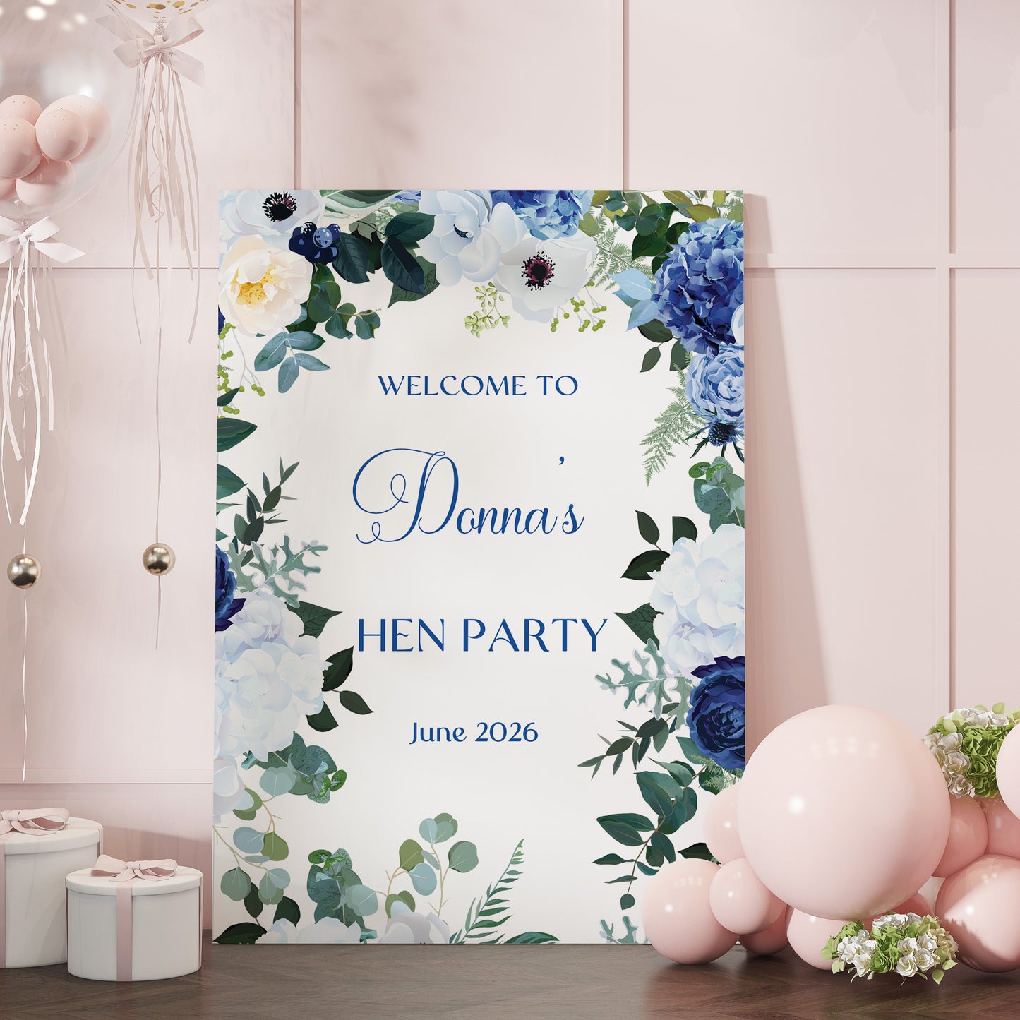 Navy Blue Floral Hen Party Welcome Sign