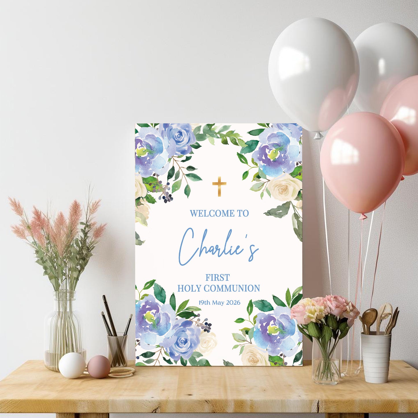 Blue Floral First Holy Communion Welcome Sign