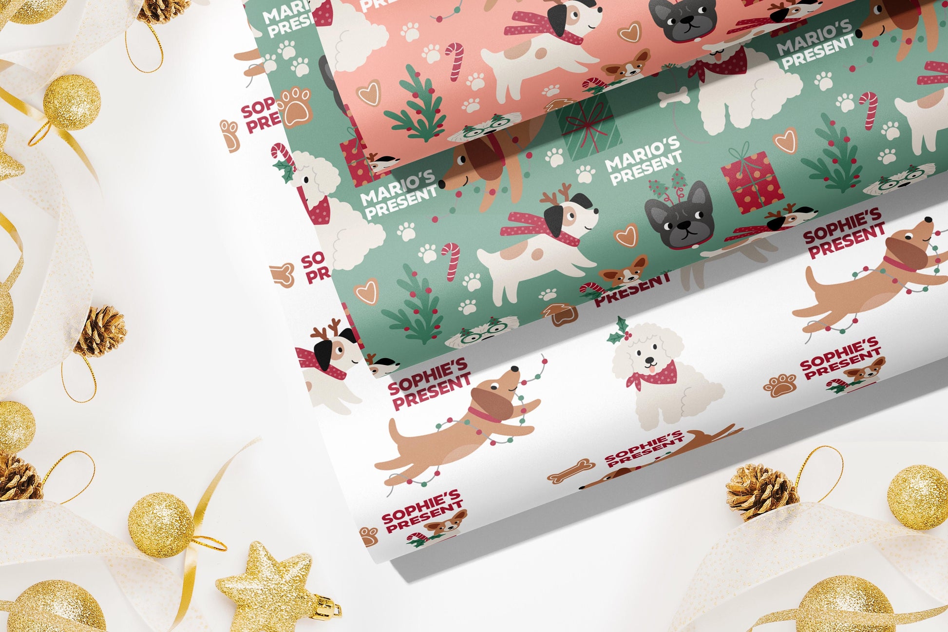 Personalised Cute Dogs Christmas Wrapping Paper, Doggy Luxury Kids Christmas Wrapping Paper, Custom Wrapping paper with name