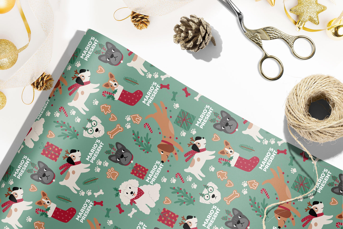Personalised Cute Dogs Christmas Wrapping Paper, Doggy Luxury Kids Christmas Wrapping Paper, Custom Wrapping paper with name