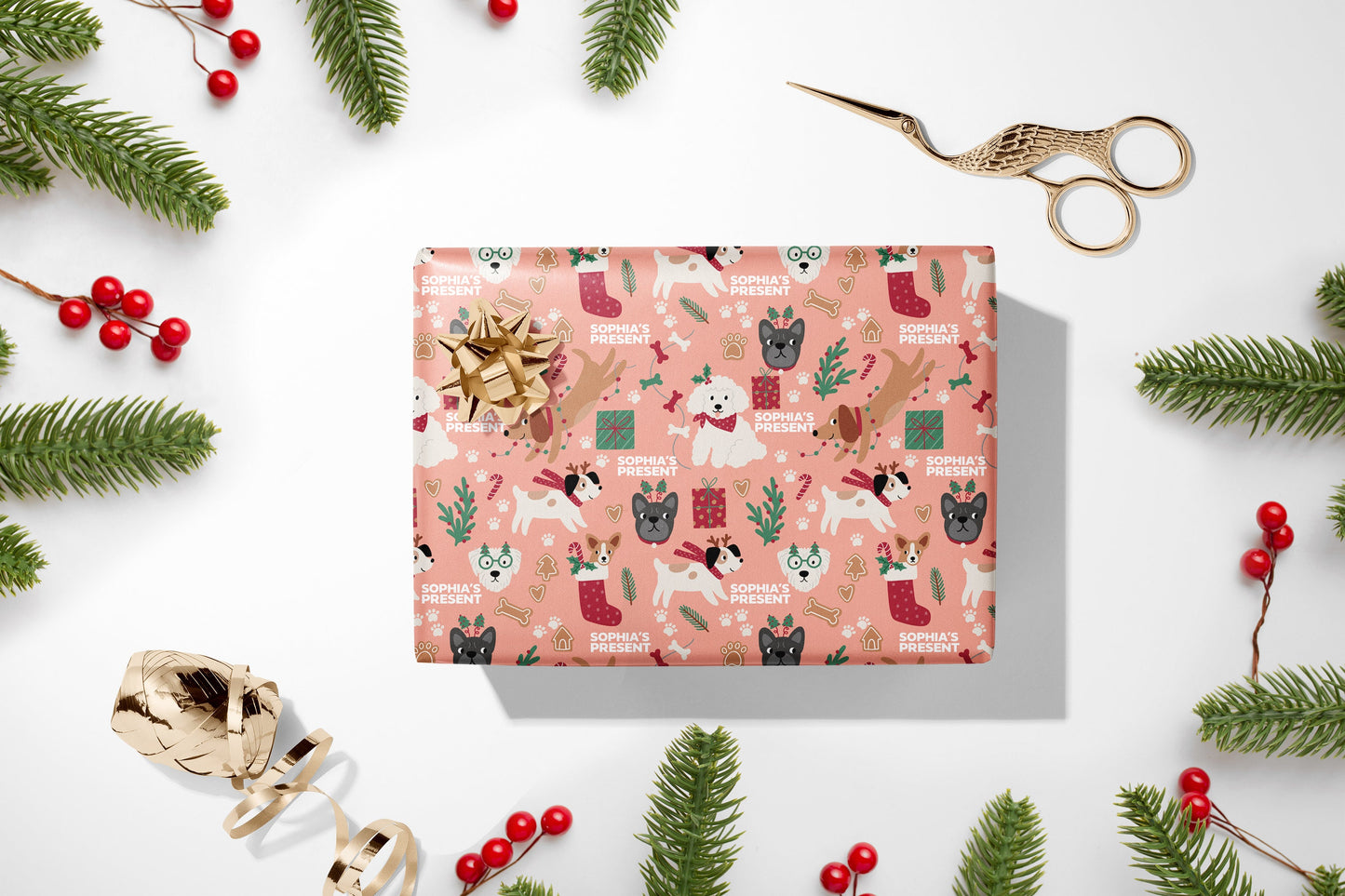 Personalised Cute Dogs Christmas Wrapping Paper, Doggy Luxury Kids Christmas Wrapping Paper, Custom Wrapping paper with name
