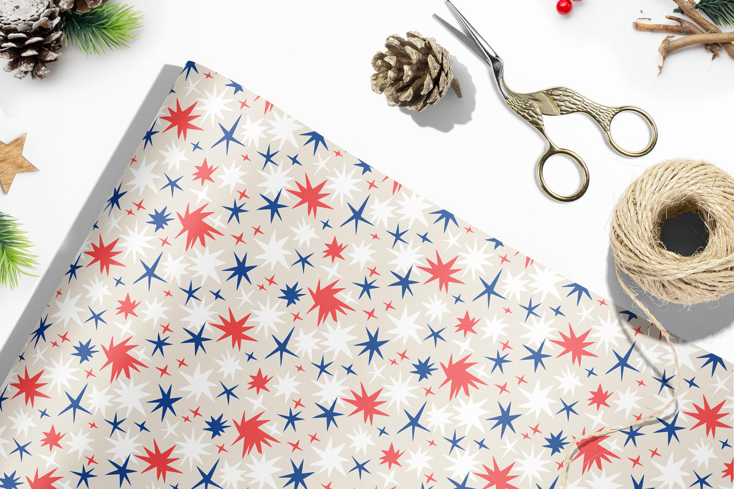 Luxury Christmas Wrapping Paper, Henri Matisse Inspired Stars Gift Wrap, Festive Wrapping Paper, Red and Blue Gift Wrapping Paper