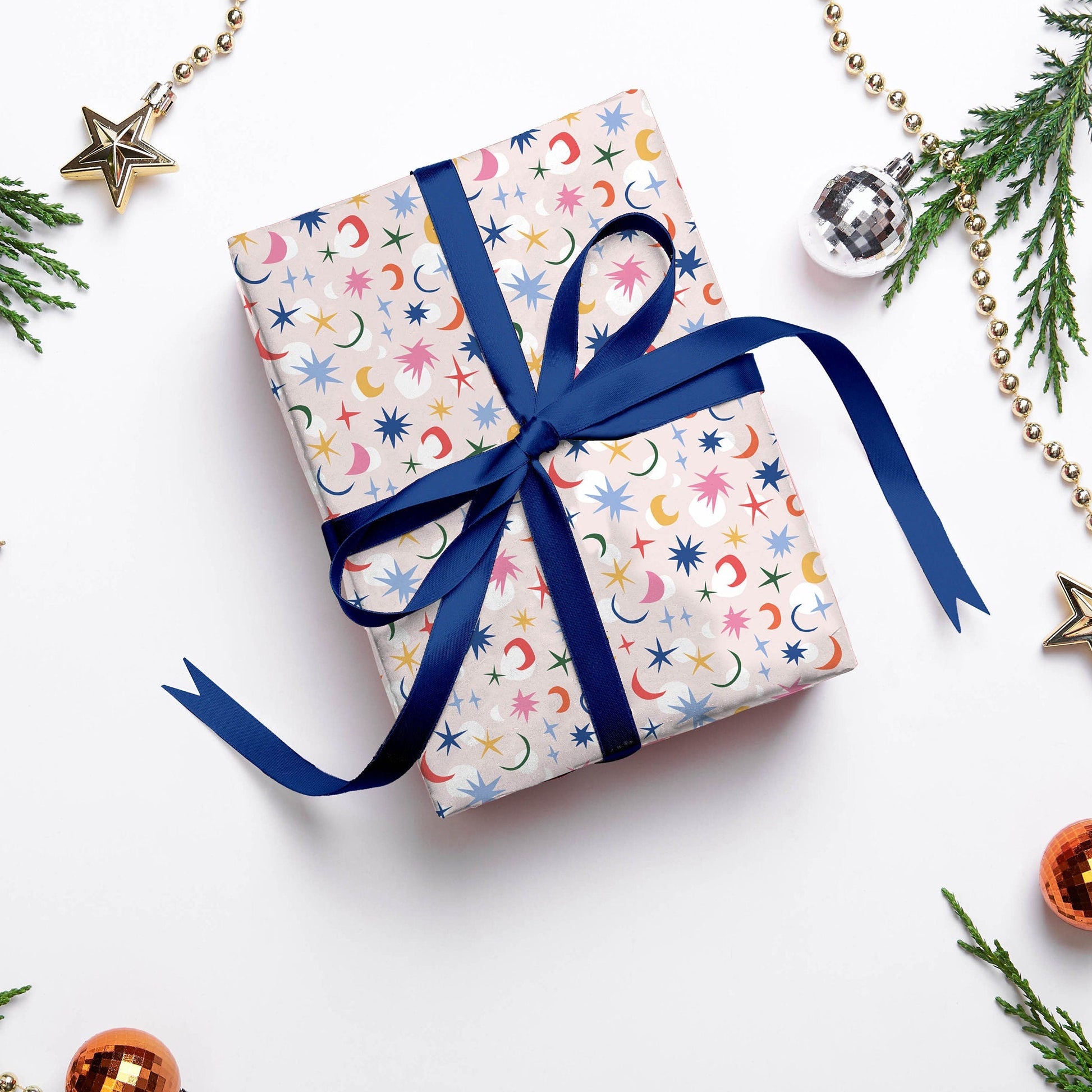 Stars and Moon Multicolour Gift Wrap, Luxury Christmas Wrapping Paper, Pretty Wrapping Paper, Pink Birthday Gift Wrapping Paper