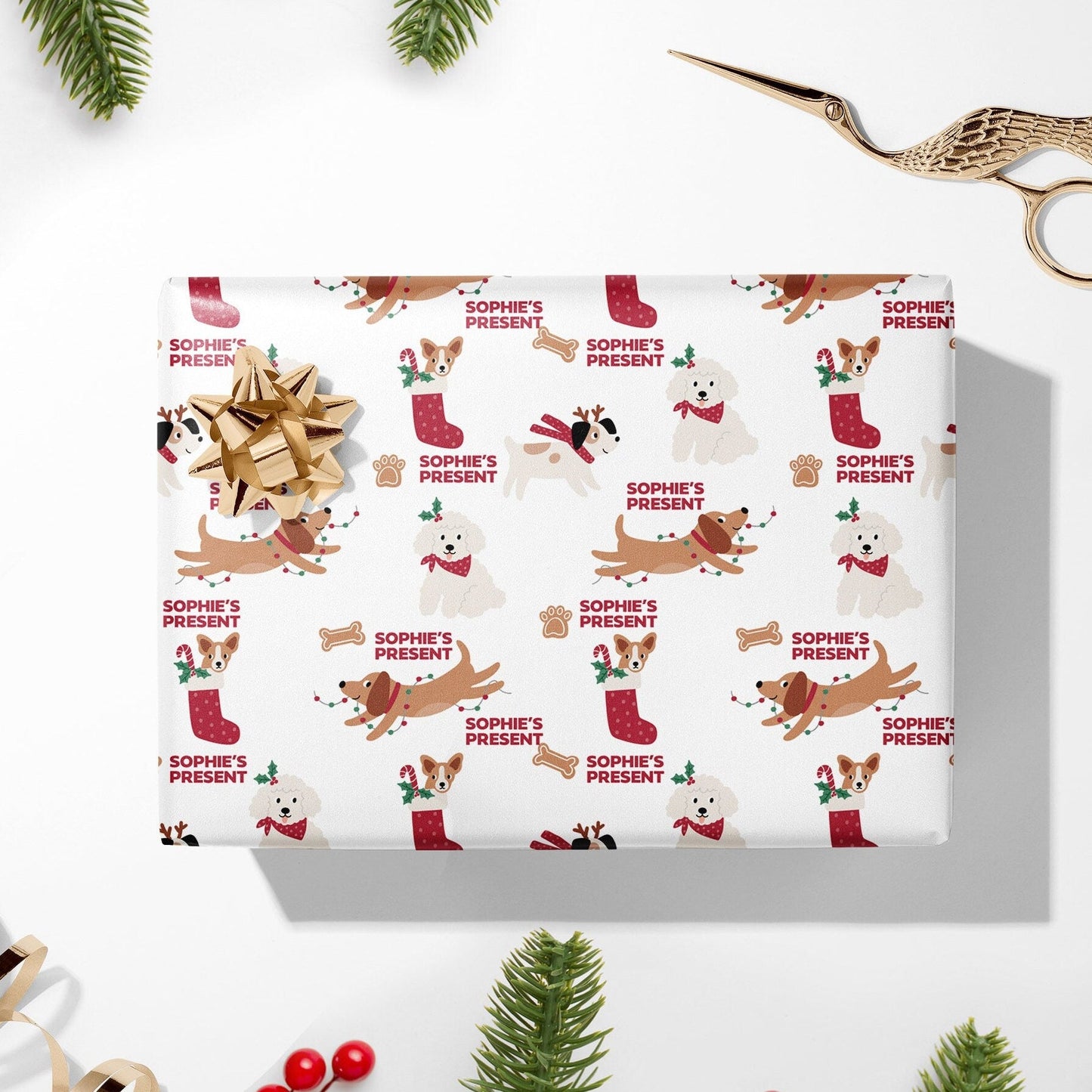 Personalised Cute Dogs Christmas Wrapping Paper, Doggy Luxury Kids Christmas Wrapping Paper, Custom Wrapping paper with name