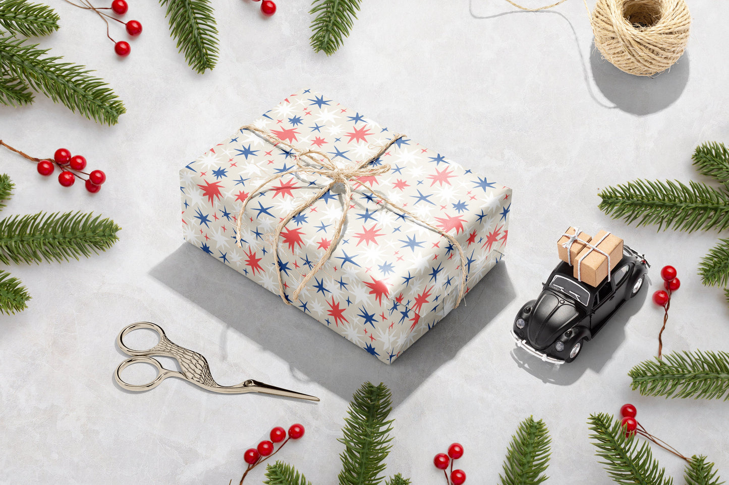 Luxury Christmas Wrapping Paper, Henri Matisse Inspired Stars Gift Wrap, Festive Wrapping Paper, Red and Blue Gift Wrapping Paper