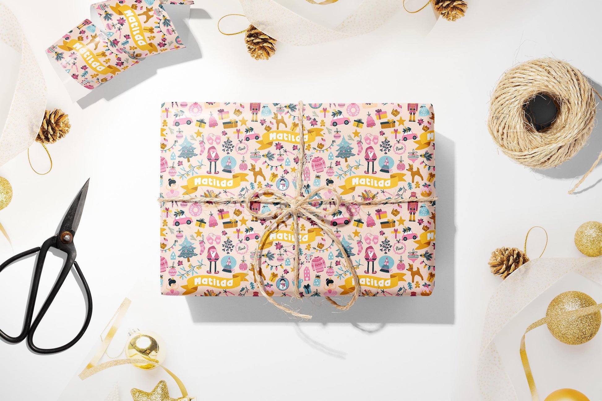 Personalised Pink Christmas Wrapping Paper, Luxury Gift Wrap, Festive Wrapping Paper, Gift Wrap, Wrapping paper with name, Girls Wrap Paper