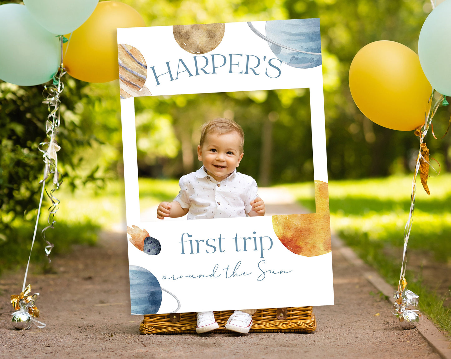 First Trip Around The Sun Welcome Sign and Matching Selfie Frame, First Birthday Party Sign, First Trip Around the Sun 1st Birthday décor