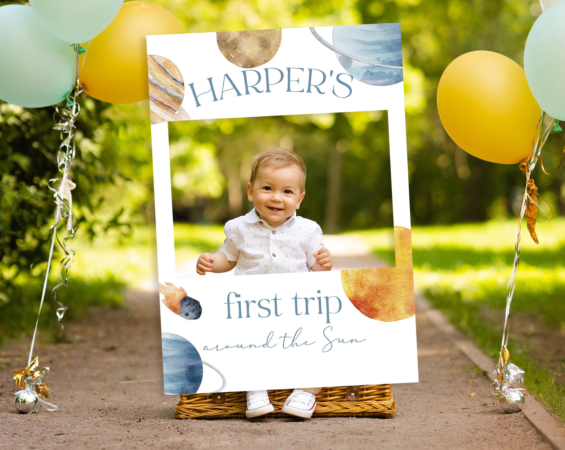 First Trip Around The Sun Welcome Sign and Matching Selfie Frame, First Birthday Party Sign, First Trip Around the Sun 1st Birthday décor