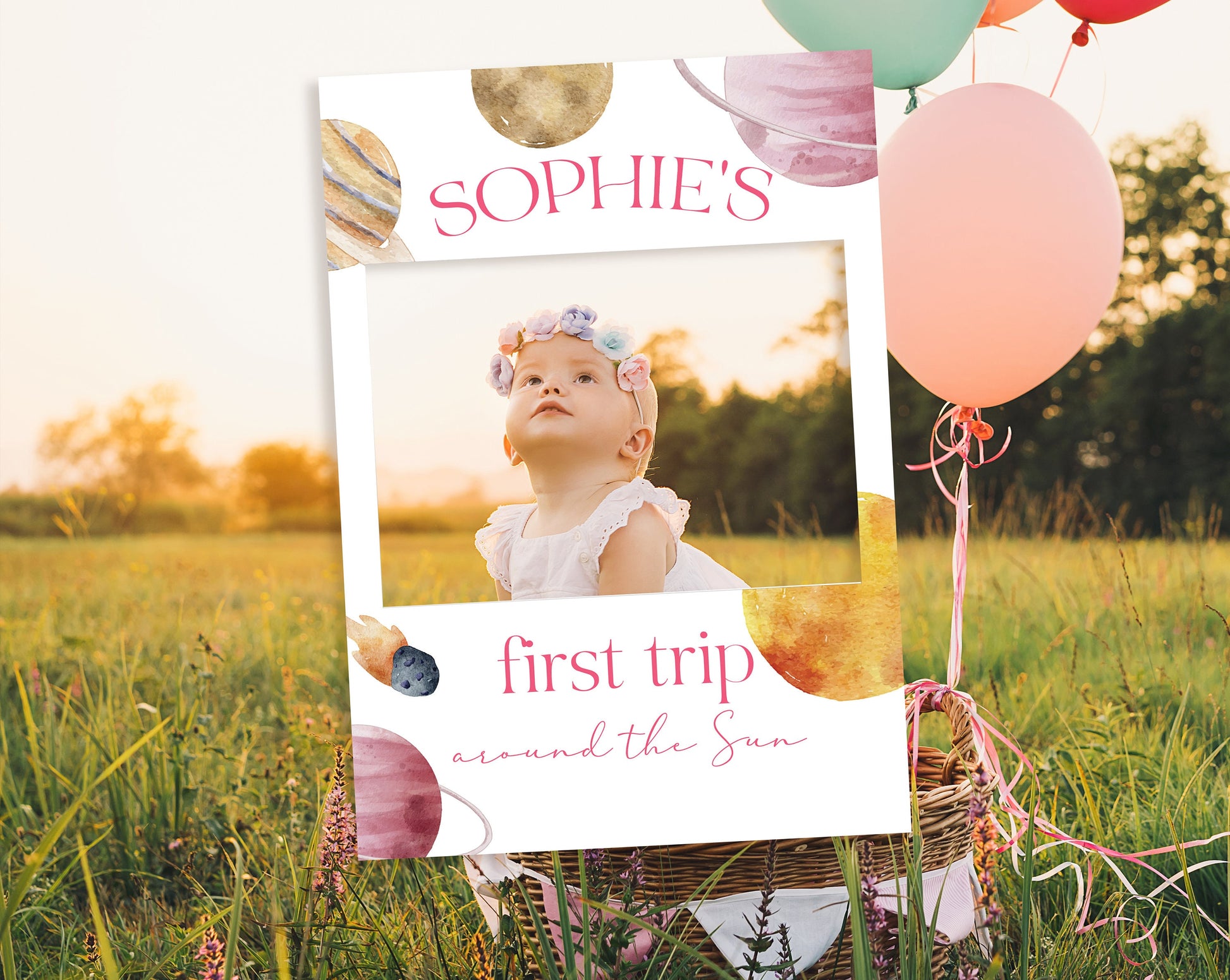 First Trip Around The Sun Welcome Sign and Matching Selfie Frame, First Birthday Party Sign, First Trip Around the Sun 1st Birthday décor