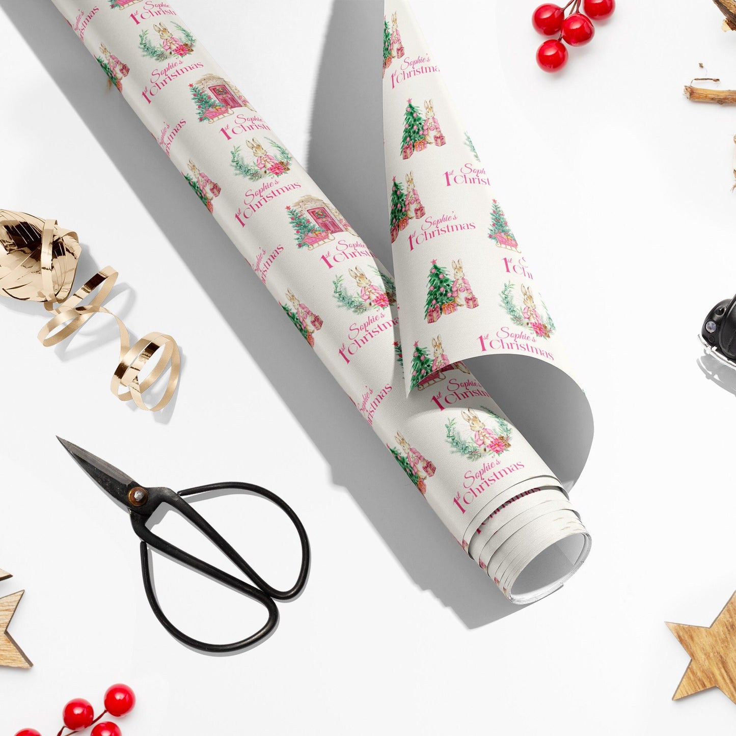 Personalised 1st Christmas Wrapping Paper, Pink Bunny Rabbit Xmas Wrapping Paper, Baby Girl's First Christmas Wrapping Paper