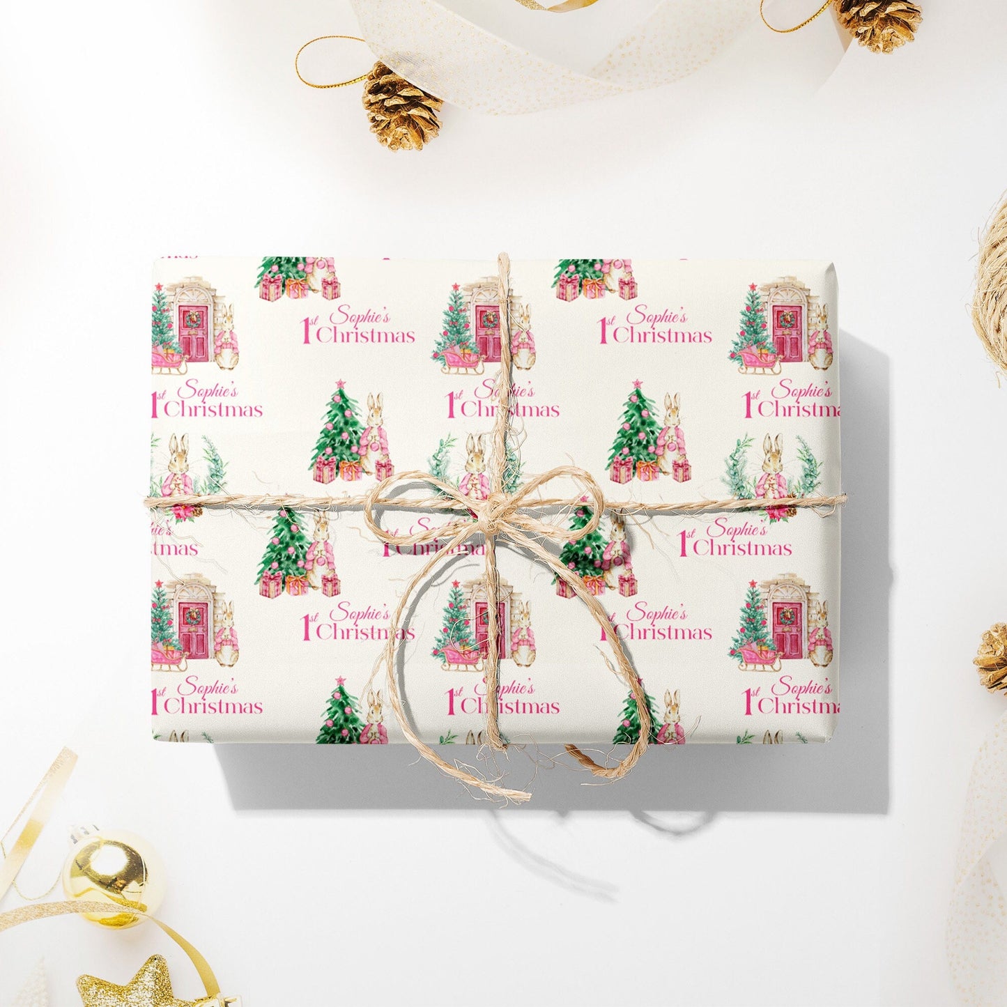 Personalised 1st Christmas Wrapping Paper, Pink Bunny Rabbit Xmas Wrapping Paper, Baby Girl's First Christmas Wrapping Paper