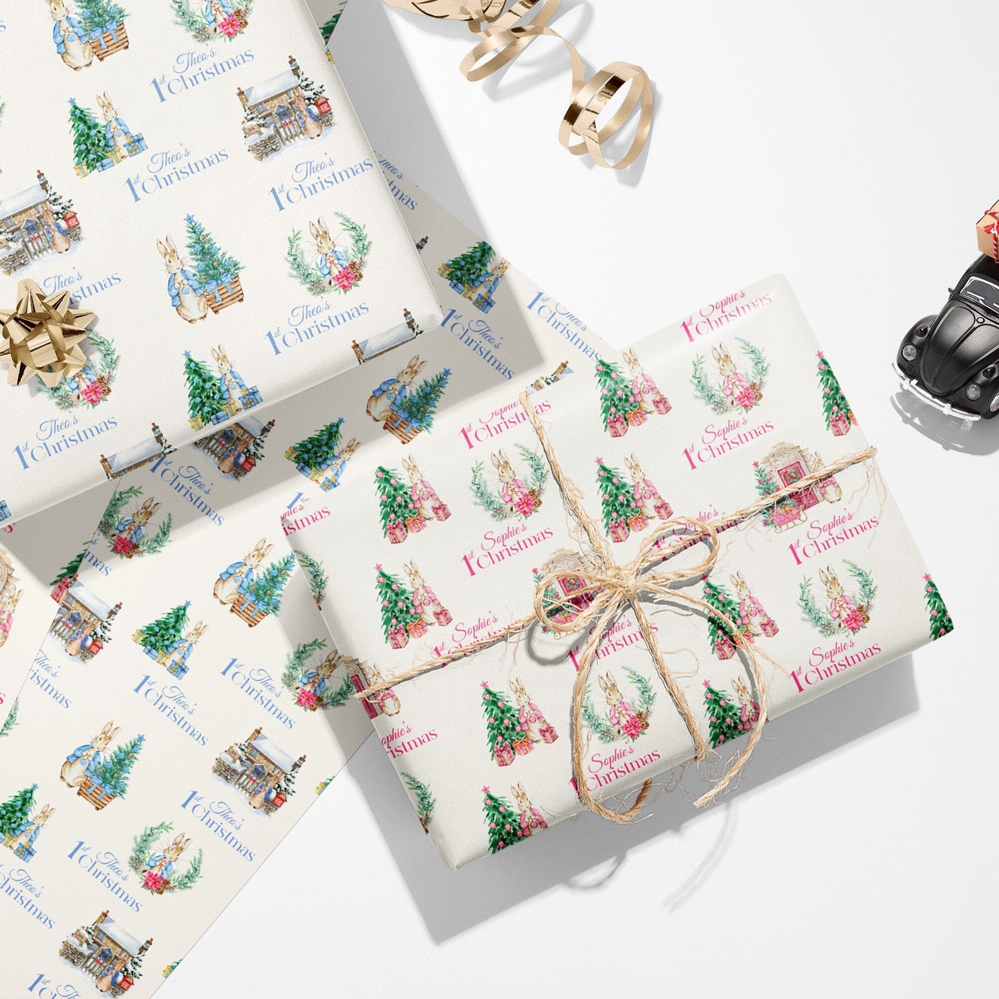 Personalised 1st Christmas Wrapping Paper, Pink Bunny Rabbit Xmas Wrapping Paper, Baby Girl's First Christmas Wrapping Paper