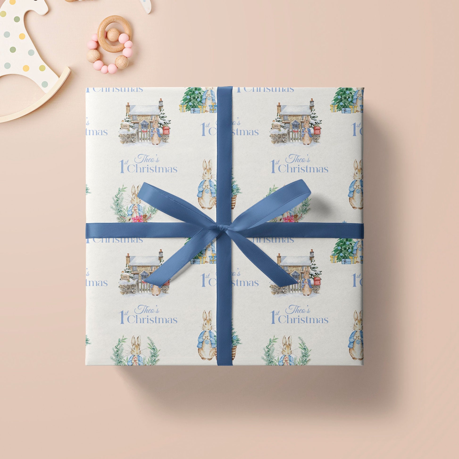 Baby's 1st Christmas Wrapping Paper, Personalised Blue Bunny Rabbit Xmas Wrapping Paper, Baby Boy First Christmas Wrapping Paper