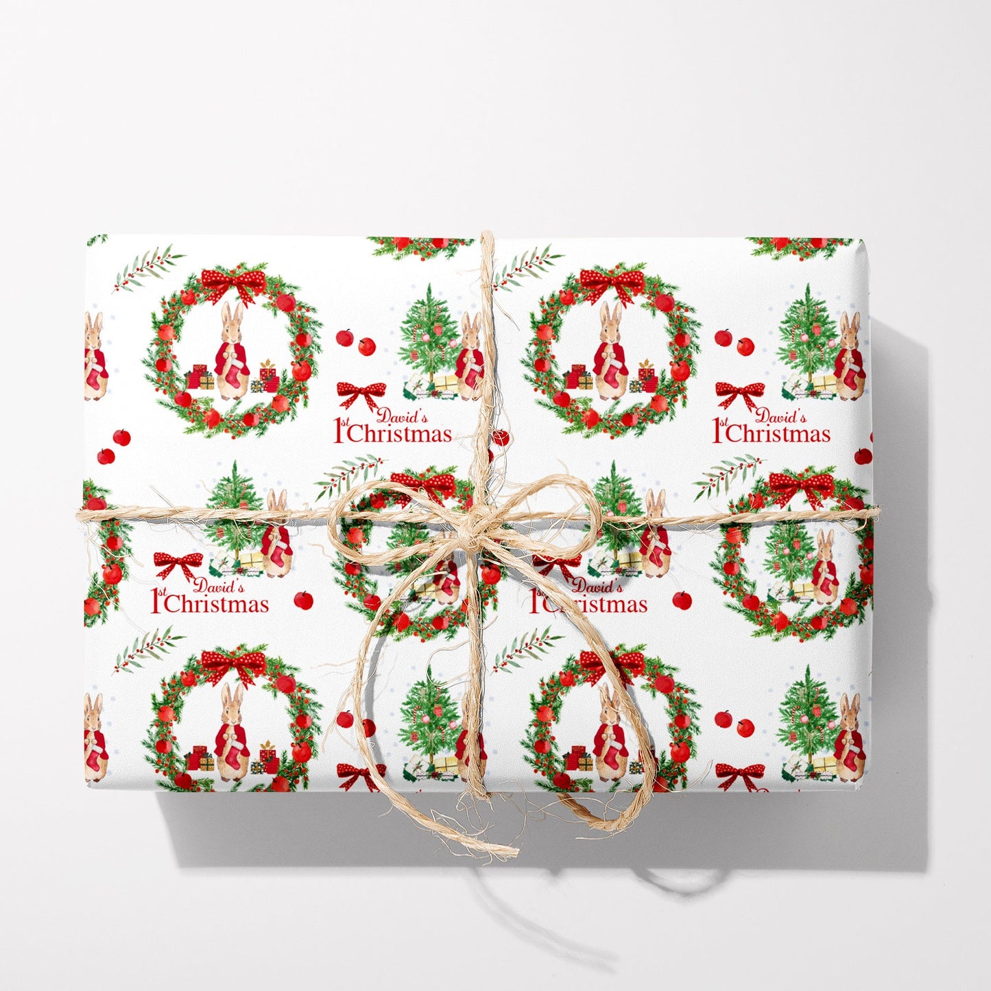 Personalised 1st Christmas Wrapping Paper, Luxury Rabbit Themed Xmas Wrapping Paper, Baby's First Christmas Wrapping Paper