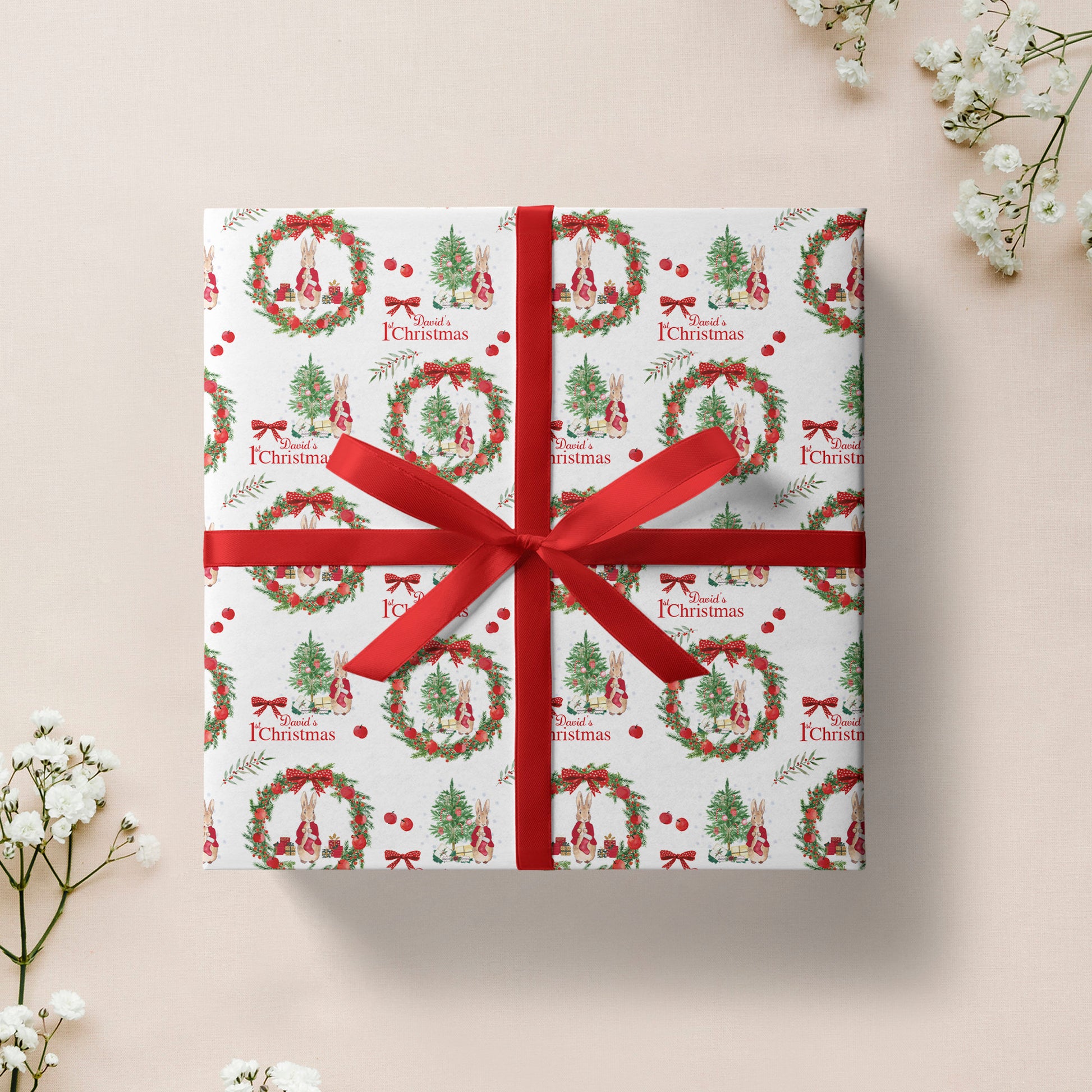 Personalised 1st Christmas Wrapping Paper, Luxury Rabbit Themed Xmas Wrapping Paper, Baby's First Christmas Wrapping Paper