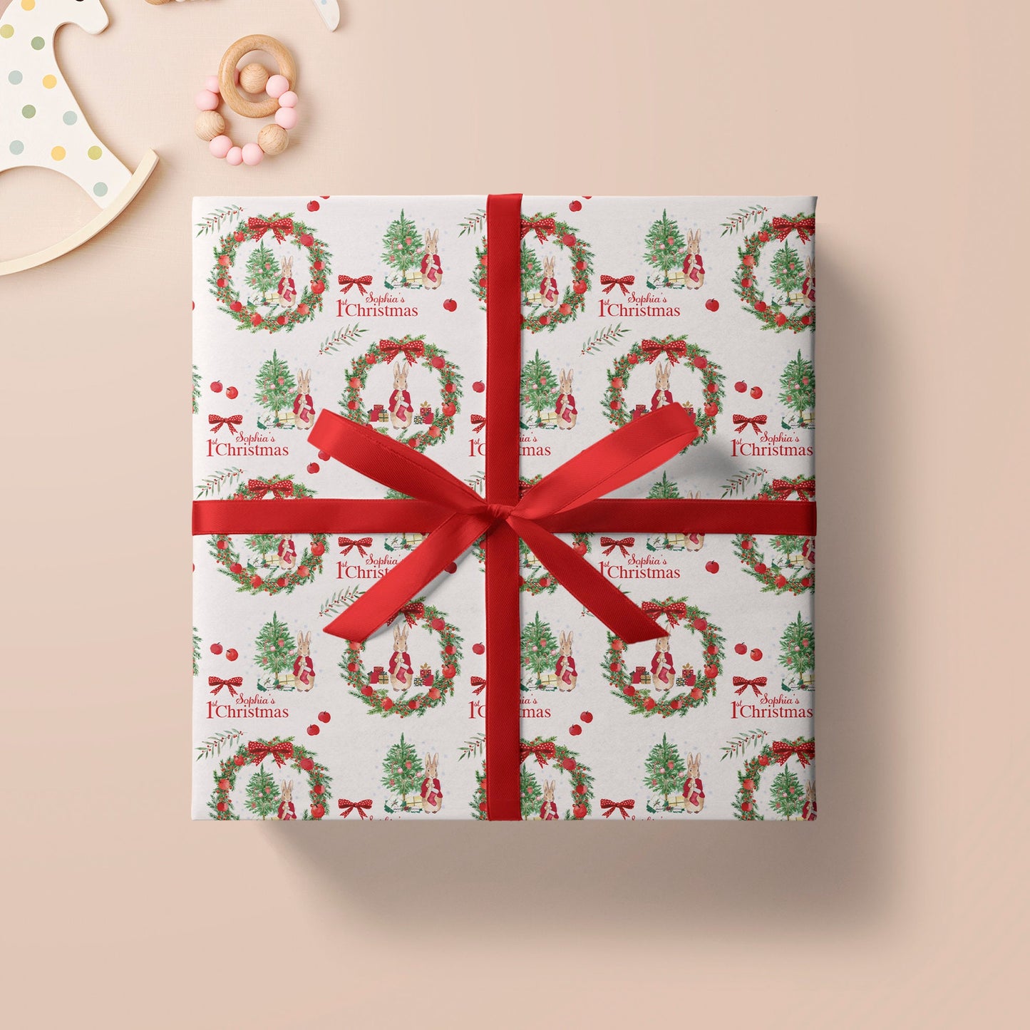 Personalised 1st Christmas Wrapping Paper, Luxury Rabbit Themed Xmas Wrapping Paper, Baby's First Christmas Wrapping Paper