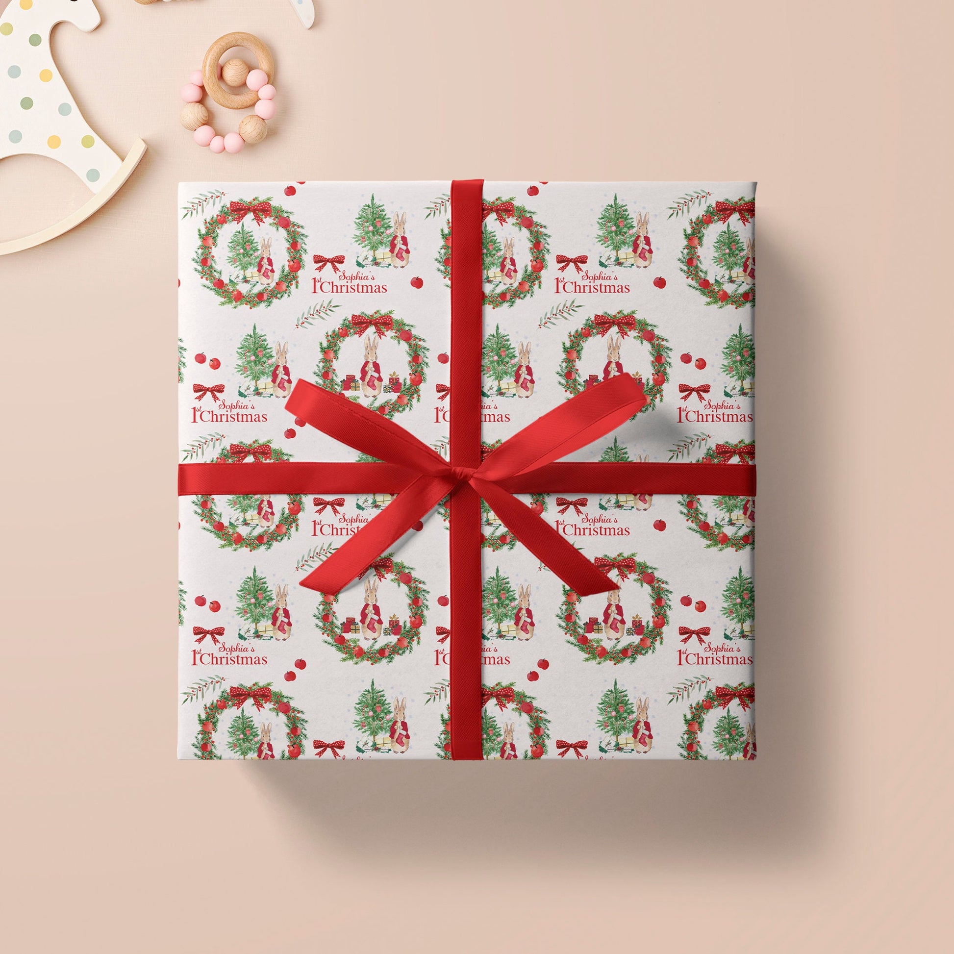 Personalised 1st Christmas Wrapping Paper, Luxury Rabbit Themed Xmas Wrapping Paper, Baby's First Christmas Wrapping Paper