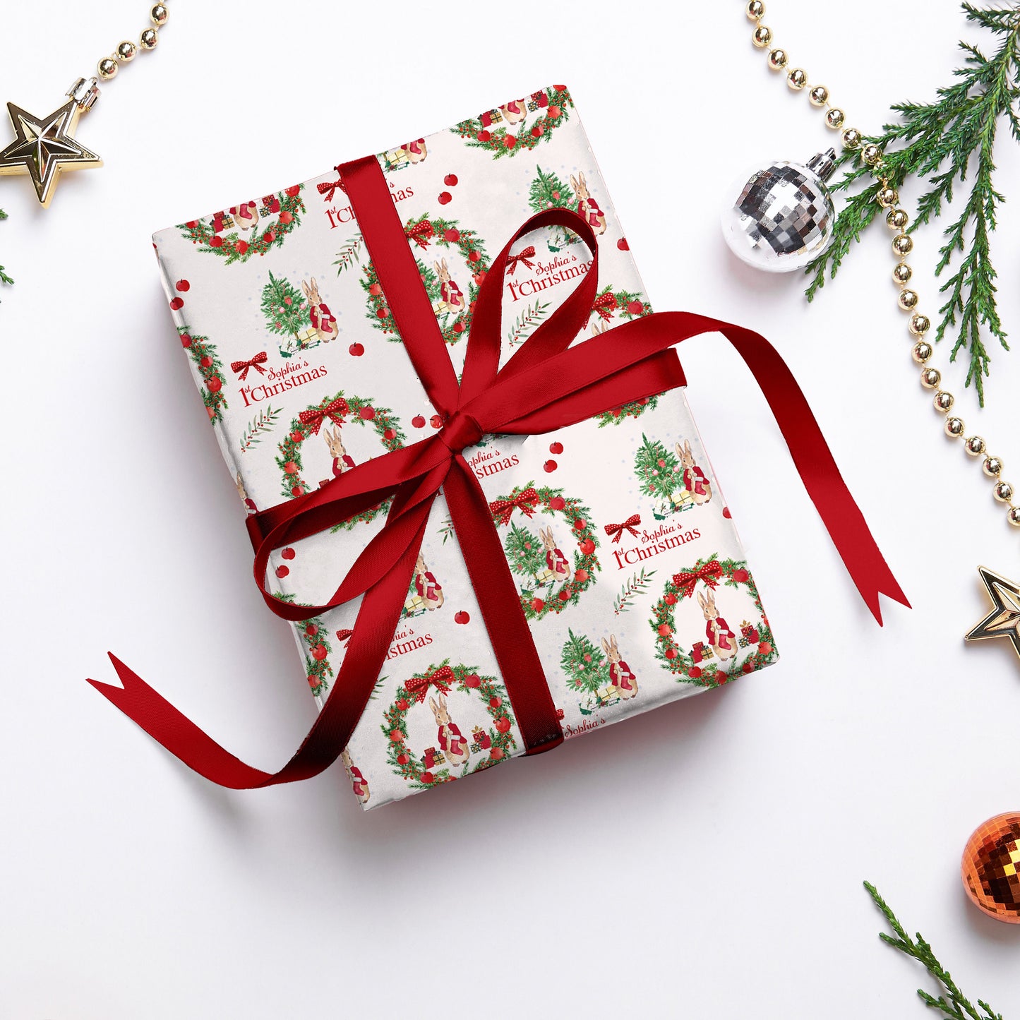 Personalised 1st Christmas Wrapping Paper, Luxury Rabbit Themed Xmas Wrapping Paper, Baby's First Christmas Wrapping Paper