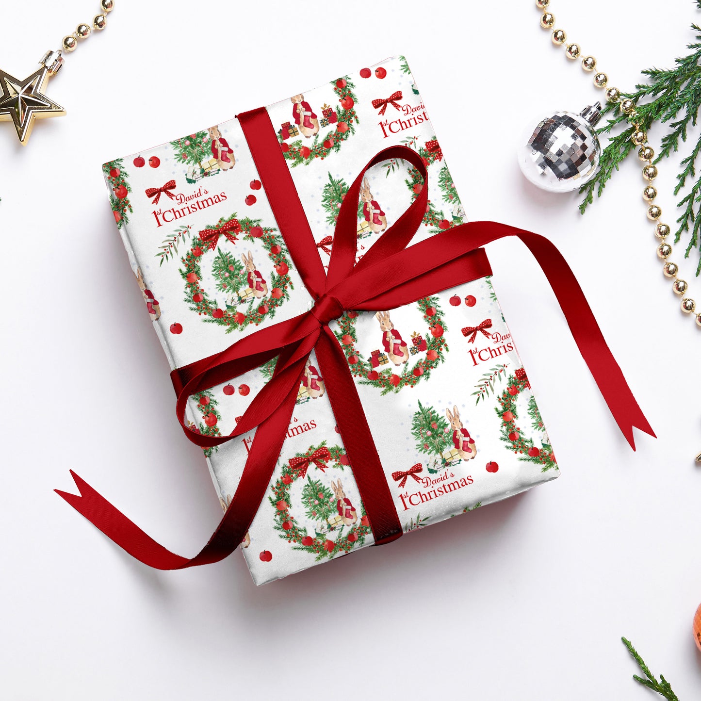 Personalised 1st Christmas Wrapping Paper, Luxury Rabbit Themed Xmas Wrapping Paper, Baby's First Christmas Wrapping Paper