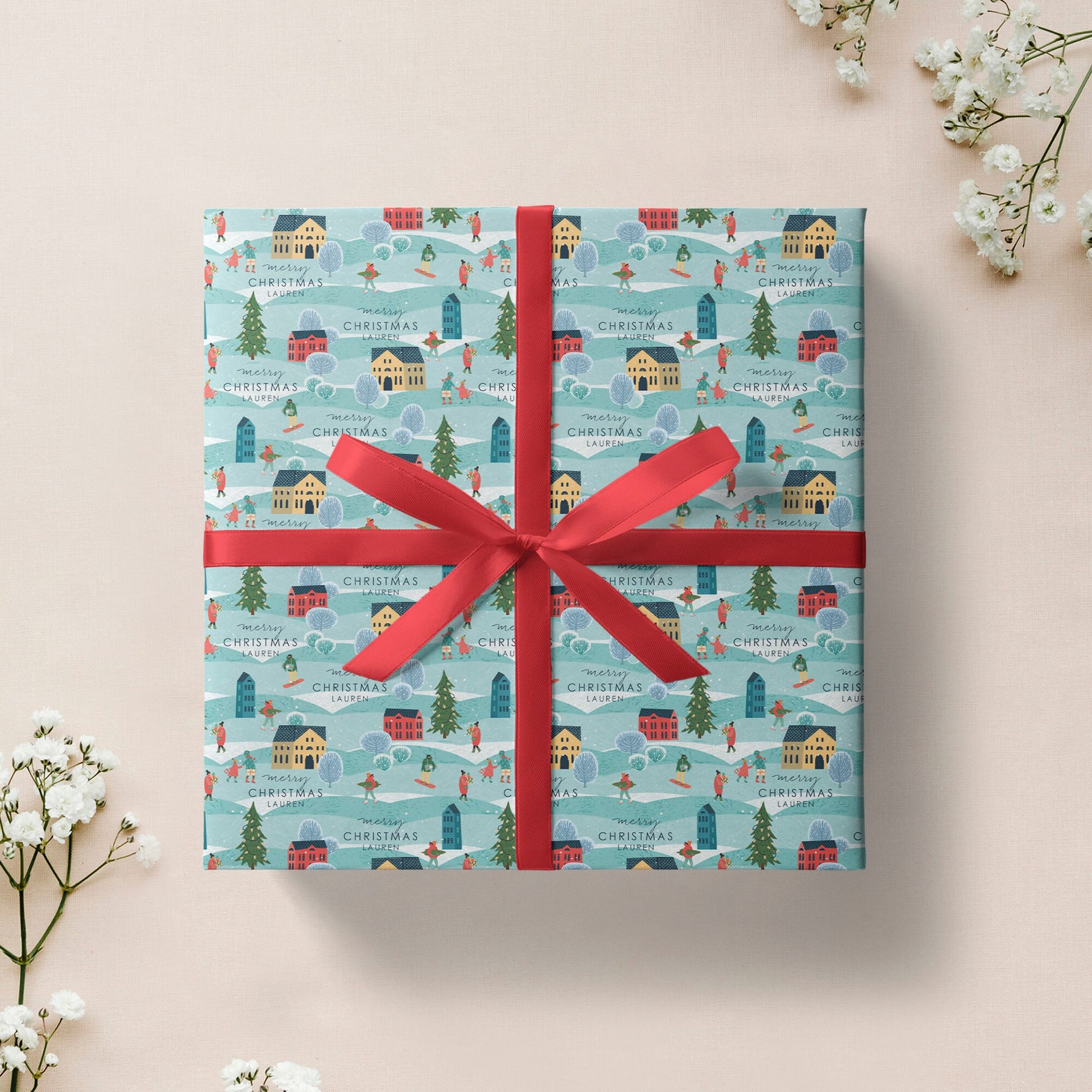 Snowy Scene Christmas Wrapping Paper, Personalised Christmas Paper, Name Christmas Gift Wrap, Luxury Christmas Wrapping Paper Roll