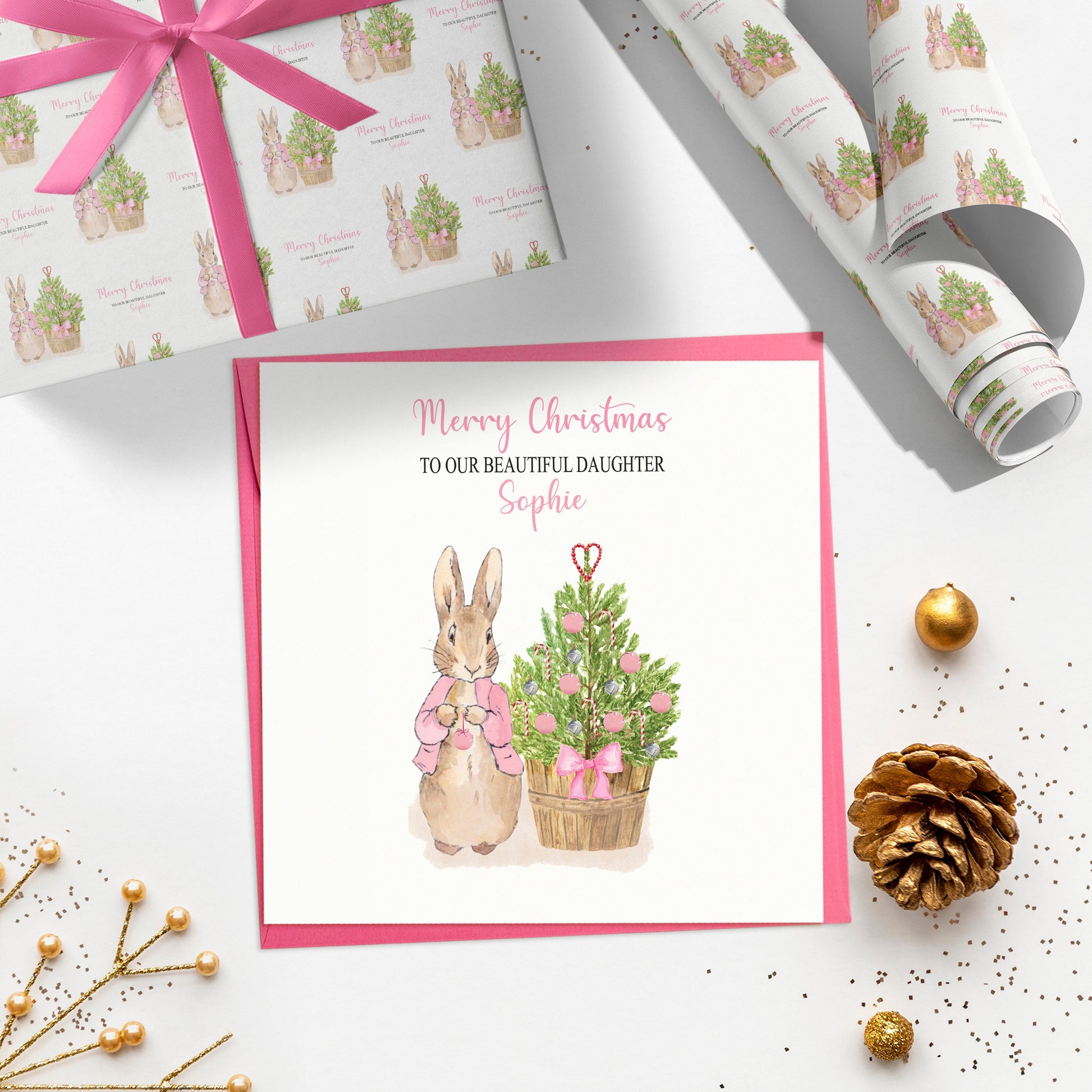 Personalised 1st Christmas Wrapping Paper, Pink Bunny Rabbit Xmas Wrapping Paper, Baby Girl's First Christmas Wrapping Paper