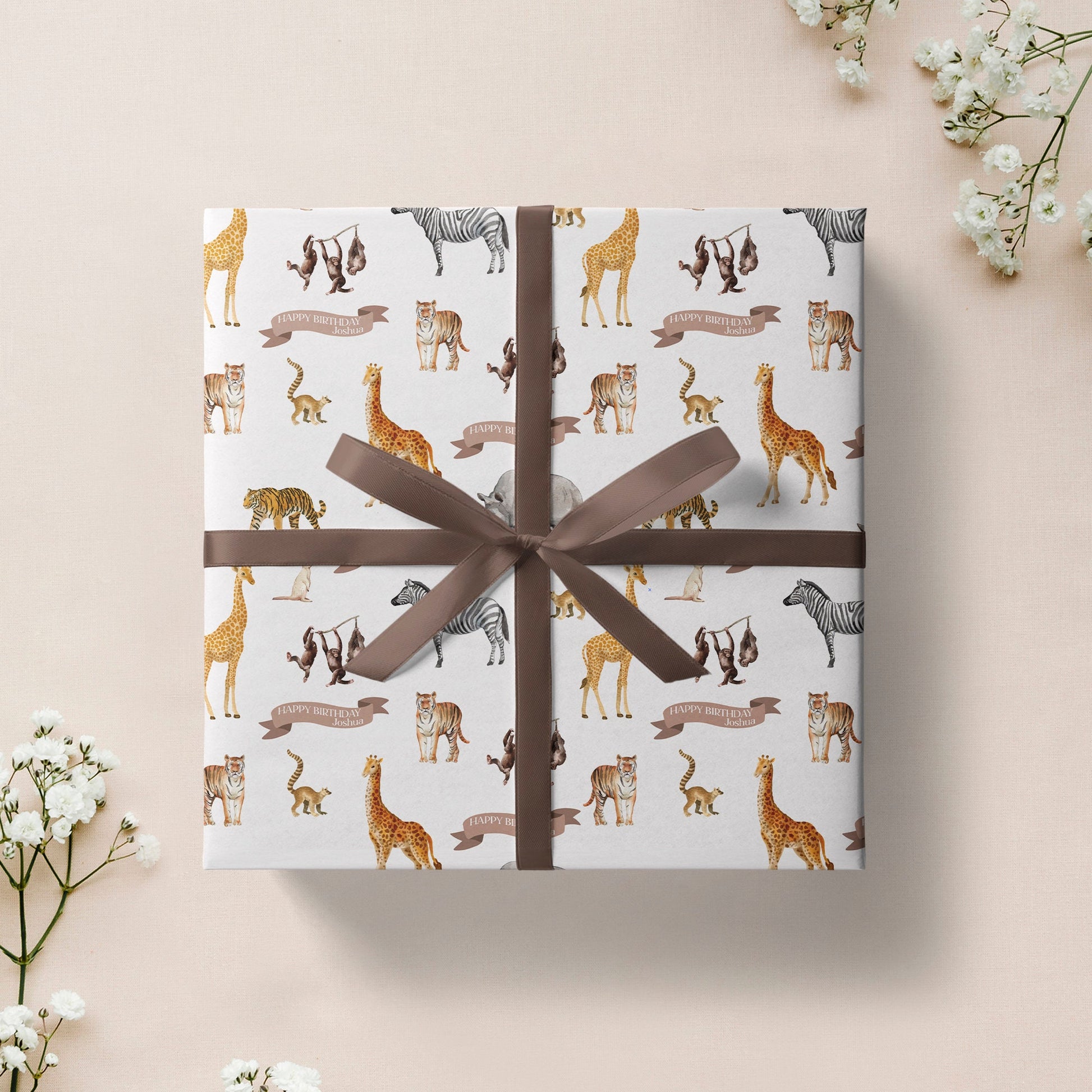 Personalised Animal Print Safari Birthday Wrapping Paper, Zoo Animal Gift Paper with name, Wild Animal Wrapping Paper, Birthday Gift Wrap