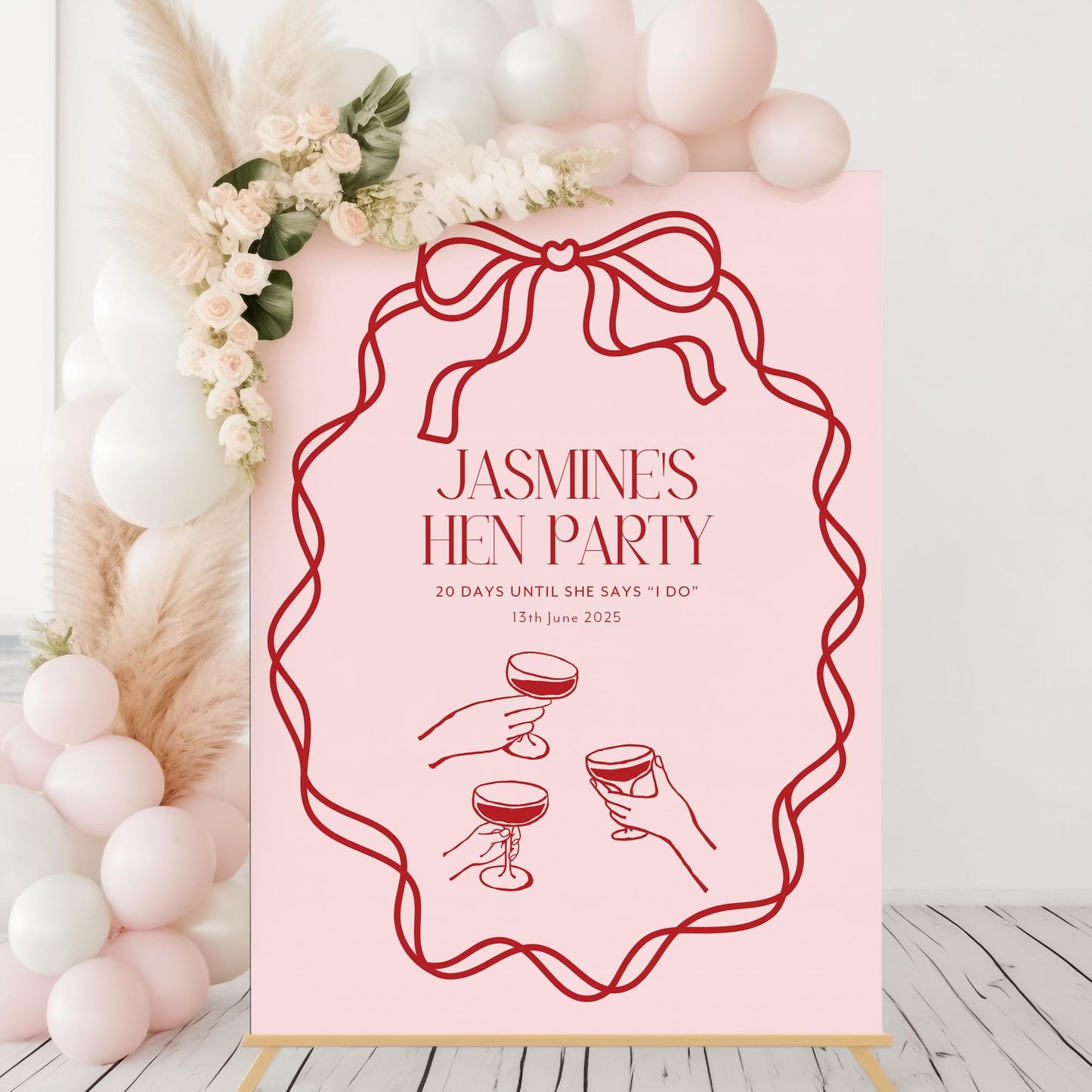 Pink and Red Bow Themed Hen Party Selfie Frame and Matching Party Sign, Hen Party Photobooth Frame, Welcome Sign Hen Party, Bridal Shower