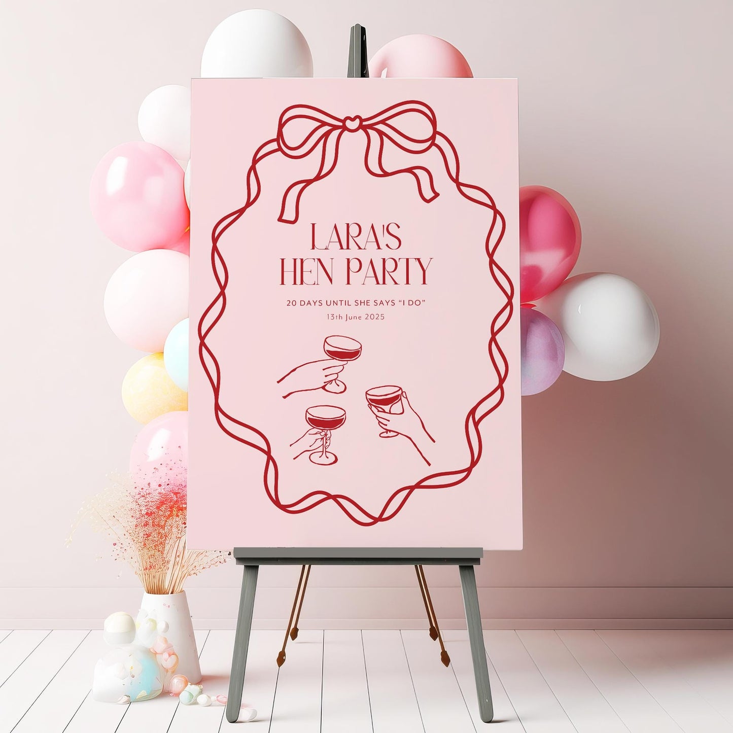 Pink Bow Hen Party Sign, Pink and Red Hen Party Welcome Sign, Hen Party Decorations, Hen Cocktail Party, Printed Foamboard Sign
