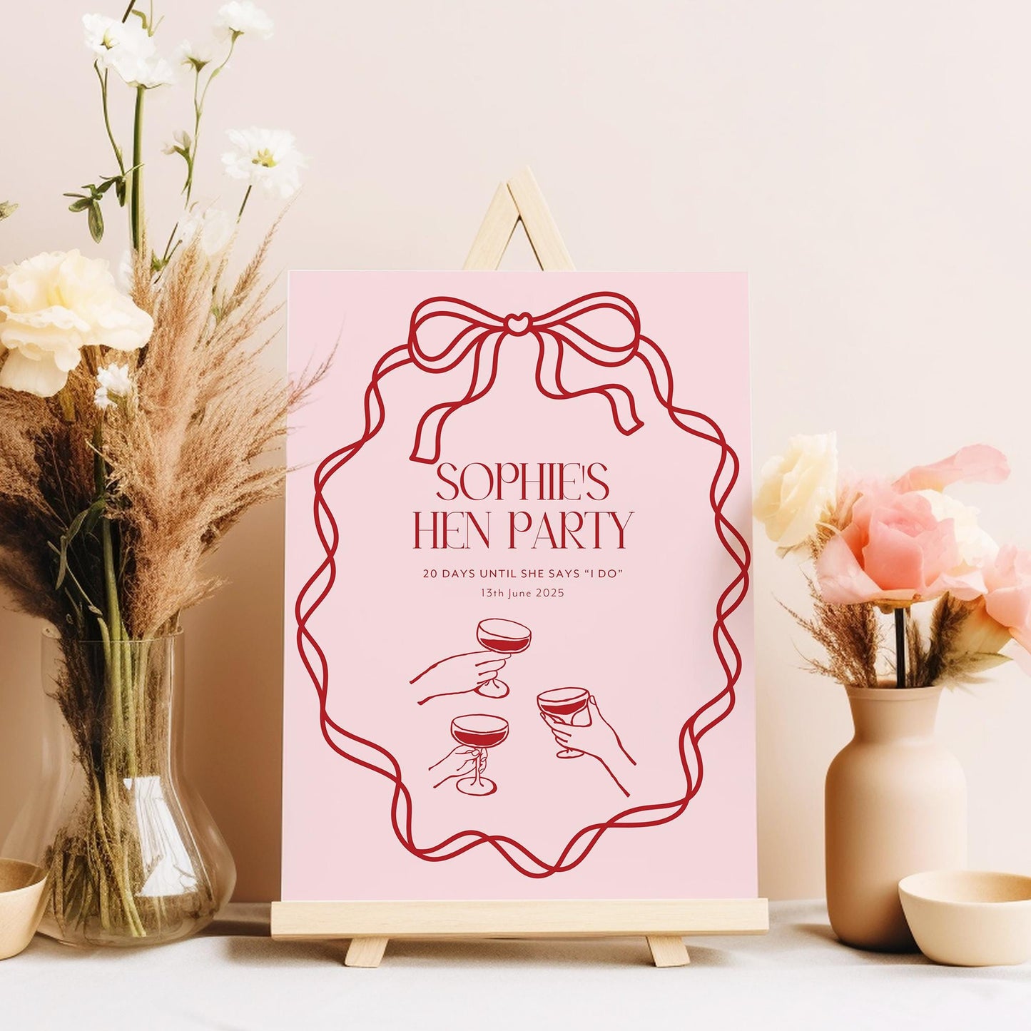 Pink Bow Hen Party Sign, Pink and Red Hen Party Welcome Sign, Hen Party Decorations, Hen Cocktail Party, Printed Foamboard Sign