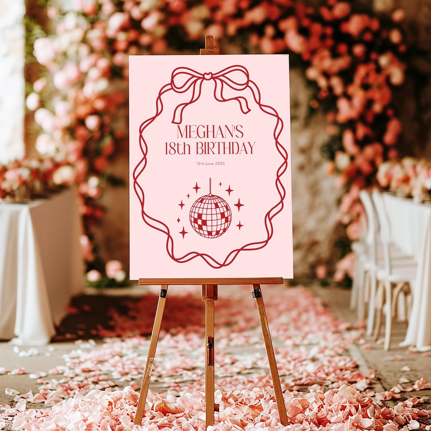 Pink Bow, Disco Birthday Party Sign, 18th Party Sign, 21st Birthday Party, 30th Birthday Sign, Pink and Red Bow Welcome Sign, ANY AGE