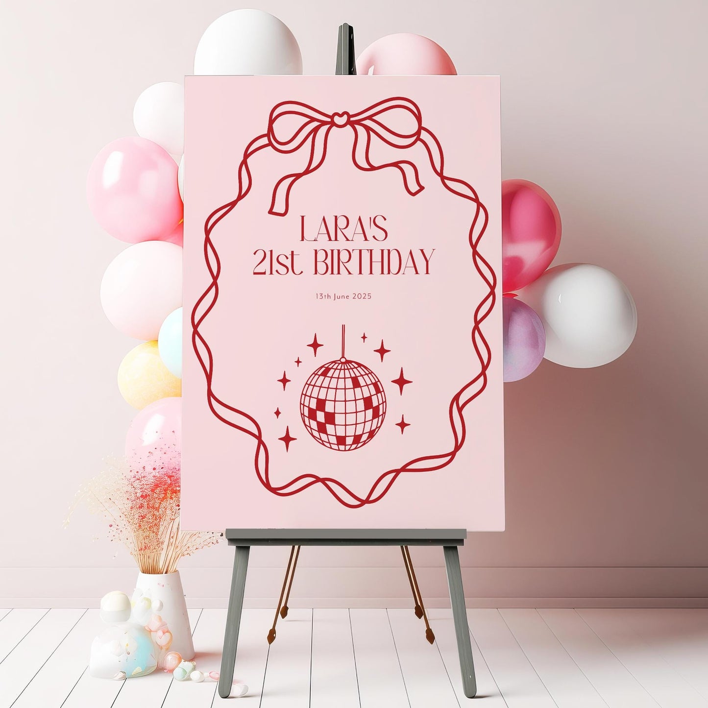 Pink Bow, Disco Birthday Party Sign, 18th Party Sign, 21st Birthday Party, 30th Birthday Sign, Pink and Red Bow Welcome Sign, ANY AGE