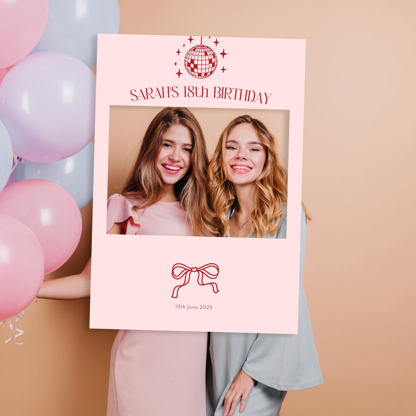 Pink and Red Bow Themed 18th Birthday Party Disco Selfie Frame and Matching Party Sign, 21st Birthday Photobooth Frame, Bow Welcome Sign